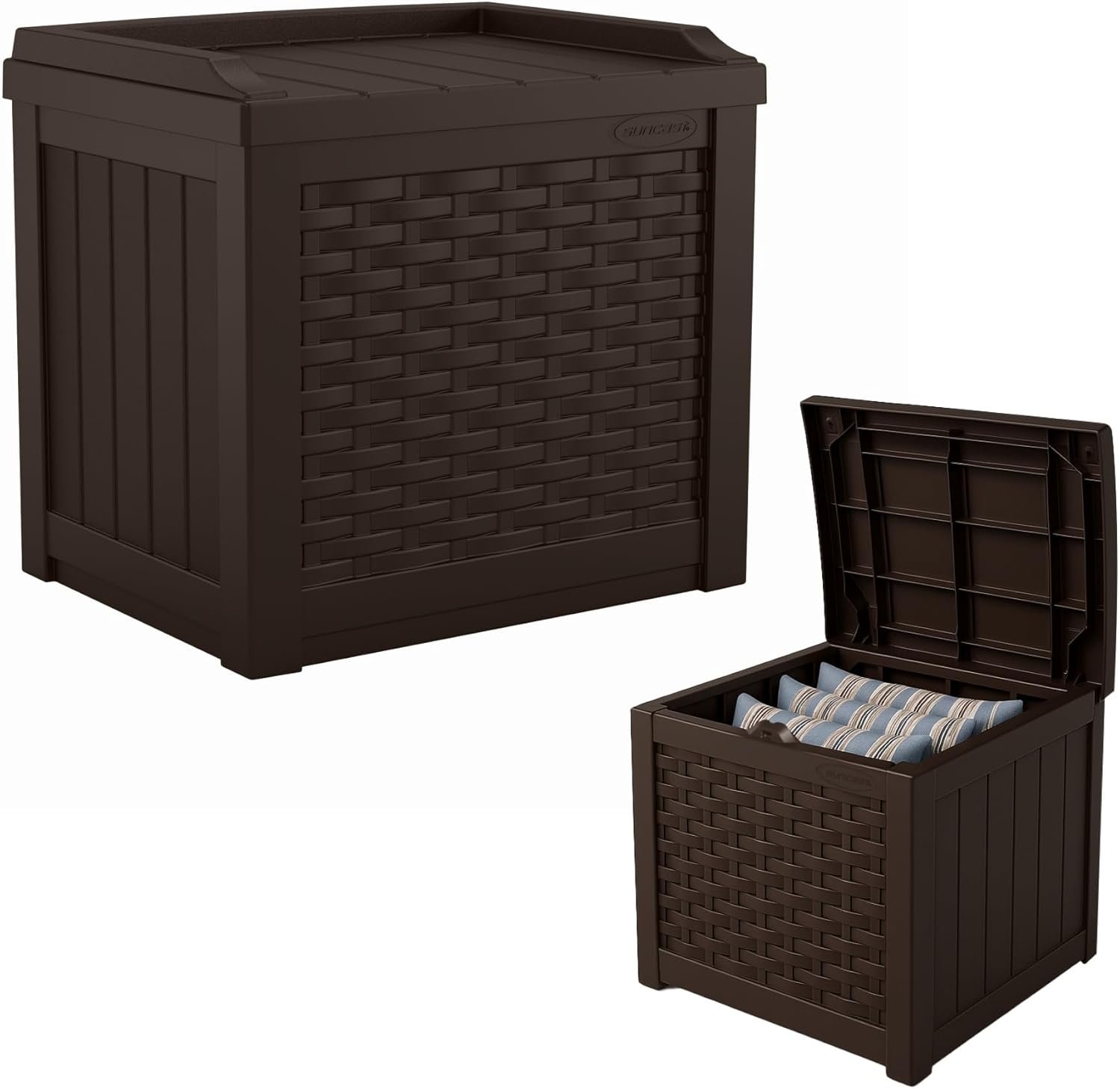 Suncast Outdoor Deck Box – 22 Gallon Java Resin Outdoor Storage Box, Weatherproof Patio Storage Bin Container for Seating & Organizing Cushions, Tools & Towels for Pool, Yard, & Garden