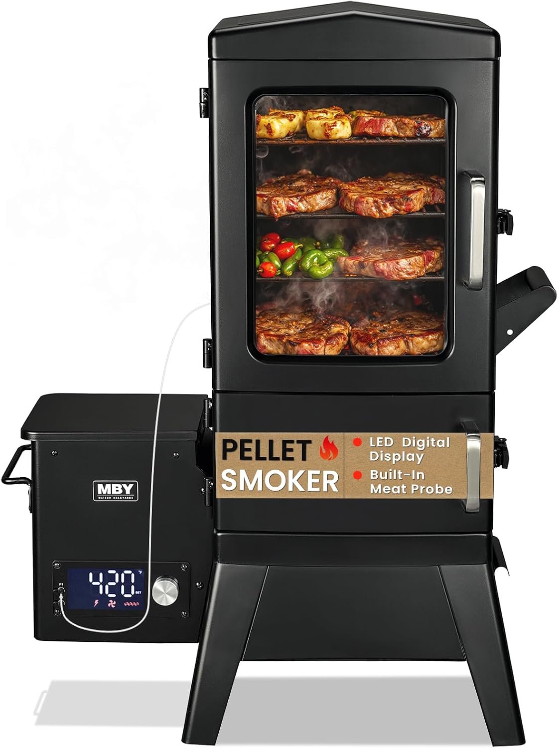 Pellet Smoker with Cover, Electric Wood Pellet Smoker Grill With Meat Probe and Hook, 616 Sq in Cooking Area LED Display Temperature Control, Outdoor Cooking, Patio, Garden Barbecue, (6.15)