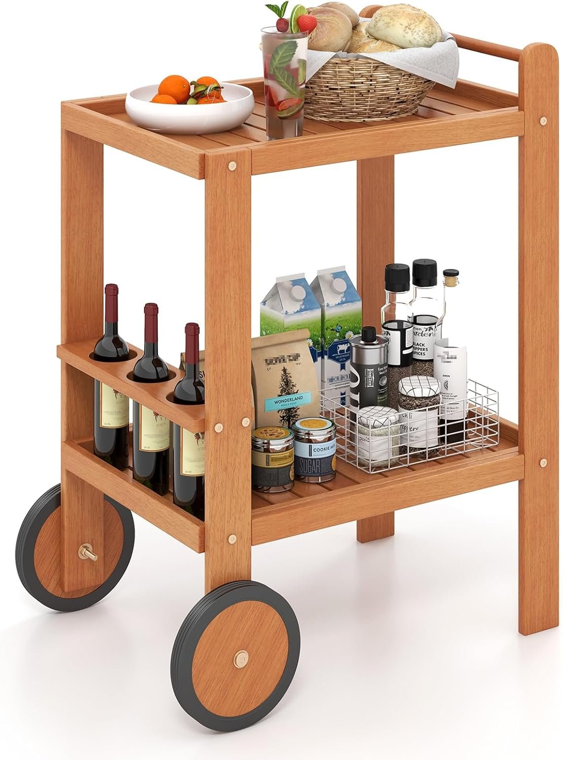Tangkula Wood Bar Cart, Outdoor Indoor 2 Tier Rolling Serving Cart with Wine Bottle Holders and 2 Rubber Wheels, Bar Table Beverage Drink Cart for Kitchen, Patio, Garden and Poolside, Natural