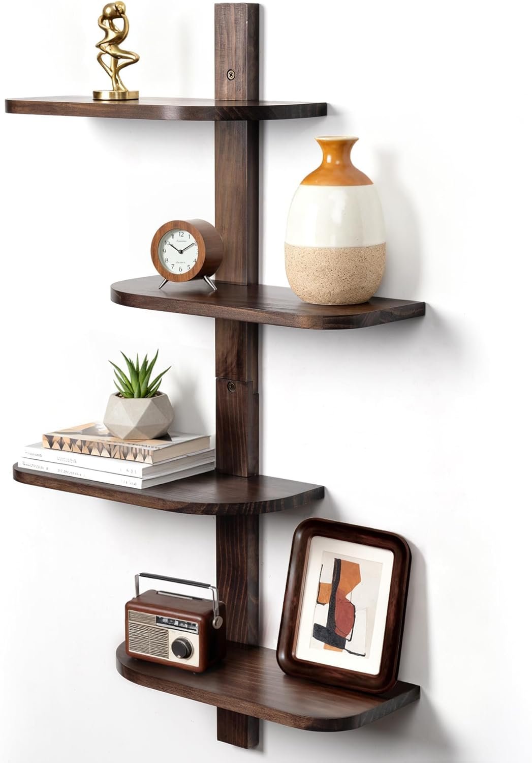 Afuly Walnut Floating Shelves for Wall, Mid Century Modern Decor MCM | 4 Tier Display Wall Shelf Unit, Solid Wood Decorative Shelving, Home Decor, for Living Room, Bedroom, Coffee Bar, Bathroom