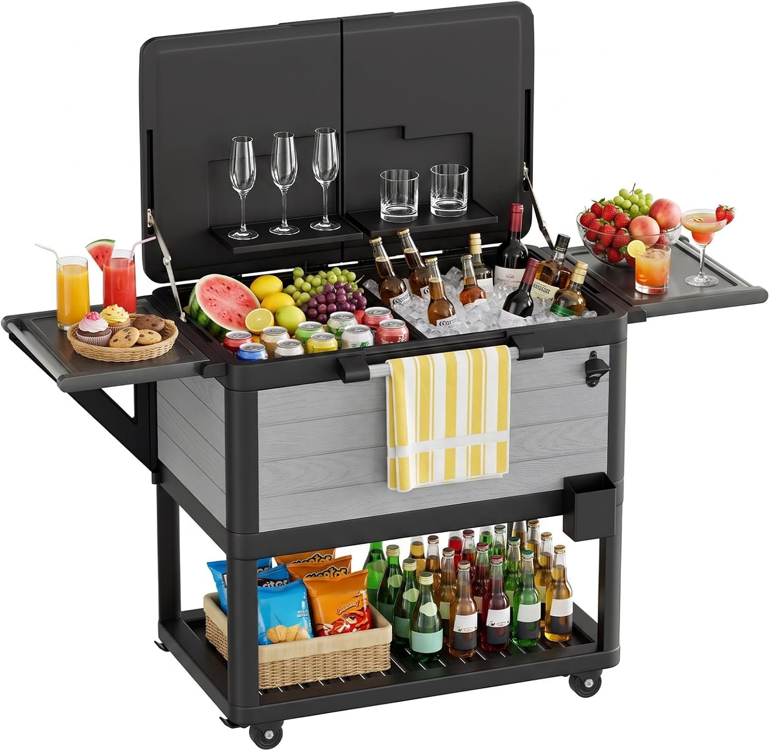K Knowbody 104 Quart Cooler with Wheels, Rolling Patio Ice Chest Outdoor Bar Cart with Foldable Side Tables, Storage Shelf, Bottle Opener and Drain Hose for Backyard, Deck and BBQ