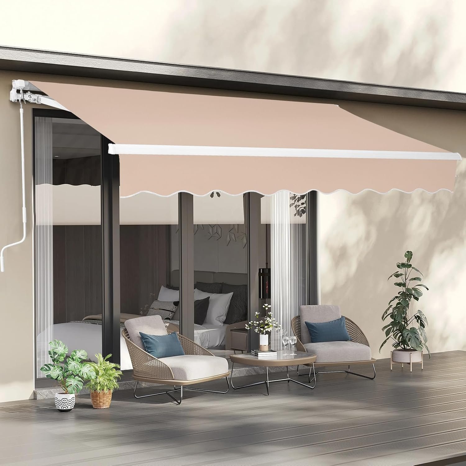 VINGLI 12’ x 10 ‘ Retractable Awning for Patio Awning Door Awning with Manual Crank Handle, Aluminum Frame Door Canopy UV Resistant (Beige)