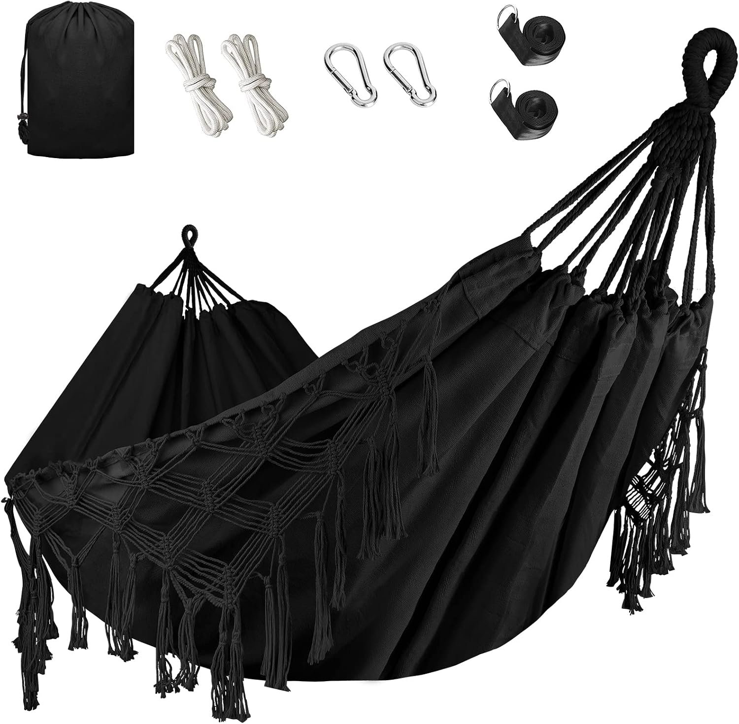 Bellzacasa Double Hammock, Heavy Duty 500 lb Load Capacity Tassels and Fishtail Knitting Portable Camping Hammocks with Mounting Straps for Outdoor Camping Patio Balcony Black
