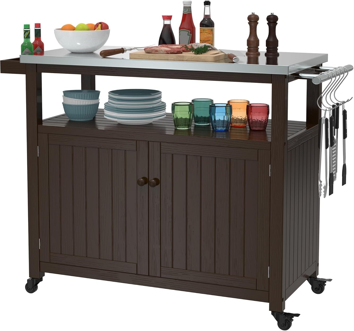 GDLF Outdoor Storage Cabinet, Wood Grill Table with Stainless Top, Brown | Wood Construction, Enclosed Storage Cabinet, Propane Tank Space, BBQ Prep Station, Waterproof Cover, Rolling Wheels