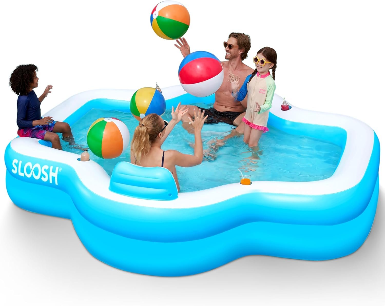 SLOOSH Inflatable Pool for Family with Seats, 120″ x 101″ x 26″ Full-Sized Blow Up Durable Thickened Above Ground Pool with Backrest Cup Holders,Swimming Pools for Backyard Summer Water Lawn, Blue