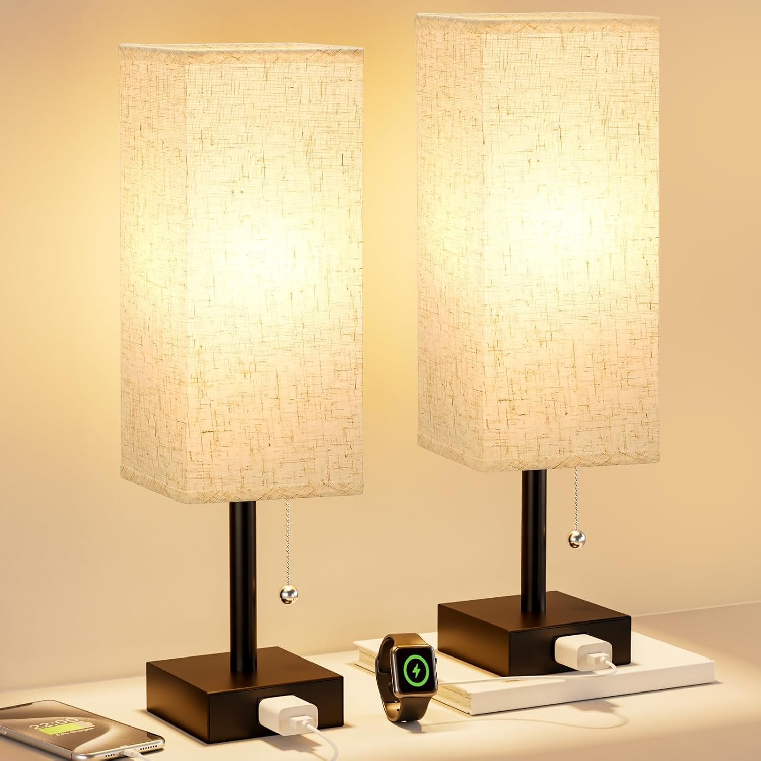 Fenmzee Bedside Lamp for Bedroom Set of 2 – Small Table Lamp for Nightstand | AC Outlet, 3 Color Temperatures, LED Bulb Included, Pull Chain Design, 14″ Rectangular Desk Lamp for Dorm/Office, 2-Pack