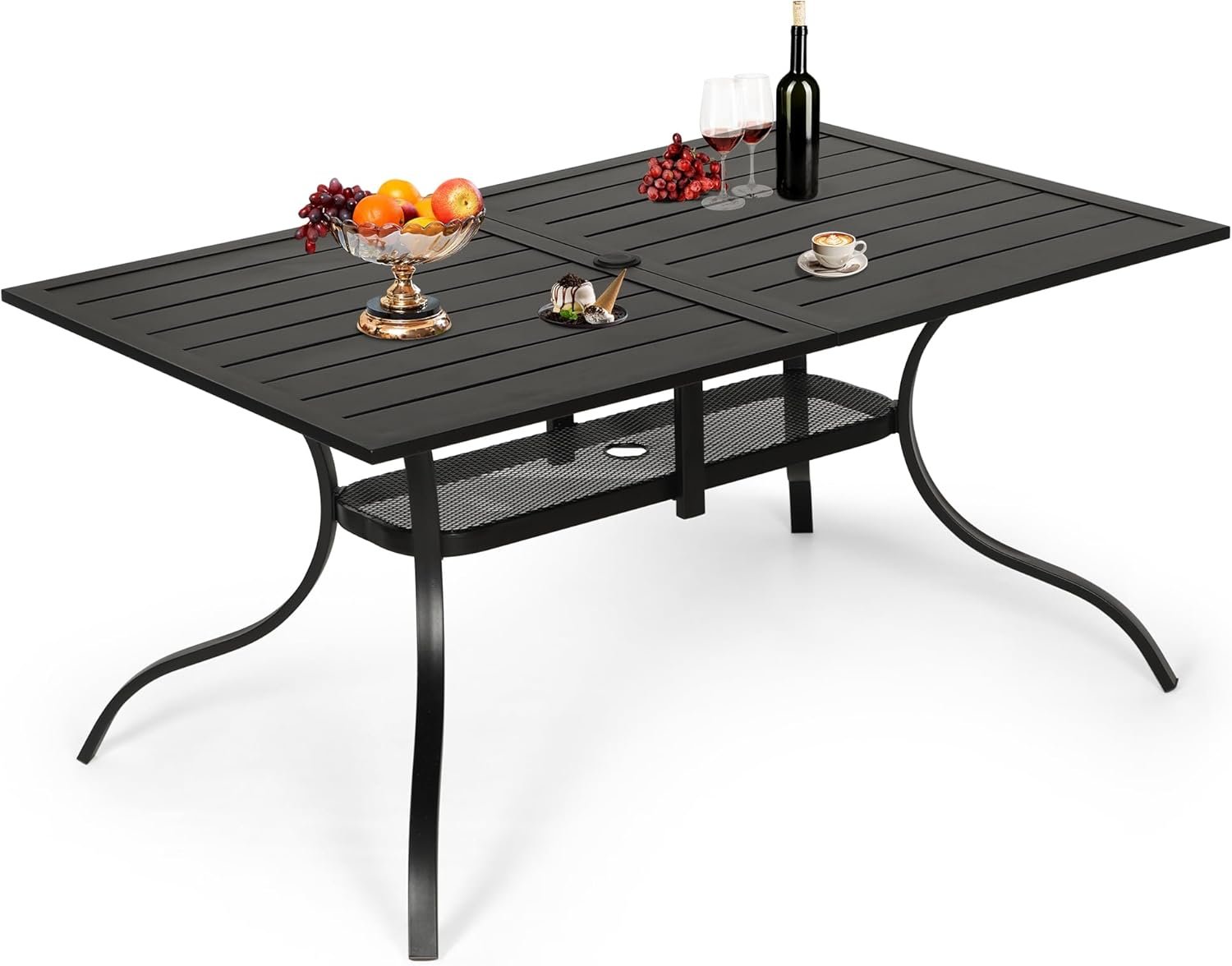 Patio Dining Table, 60″ x 37″Outdoor Rectangular Metal Table,1.57″ Umbrella Hole, for Backyards, Porches, Gardens or Poolside, Black