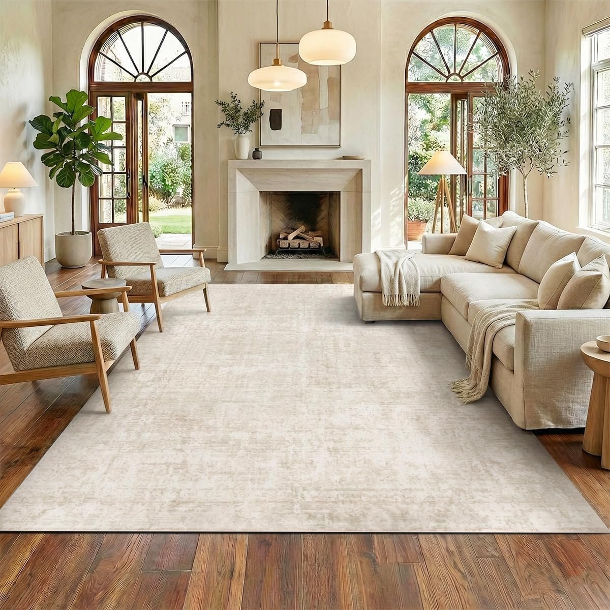 Homemate Washable Rug 8×10 Area Rugs – Vintage Rugs for Living Room | Faux Wool Low Pile Rugs for Bedroom Dining Room, Non Slip Foldable Carpet Indoor Area Rug for Home Decor（8’x10′, Beige)