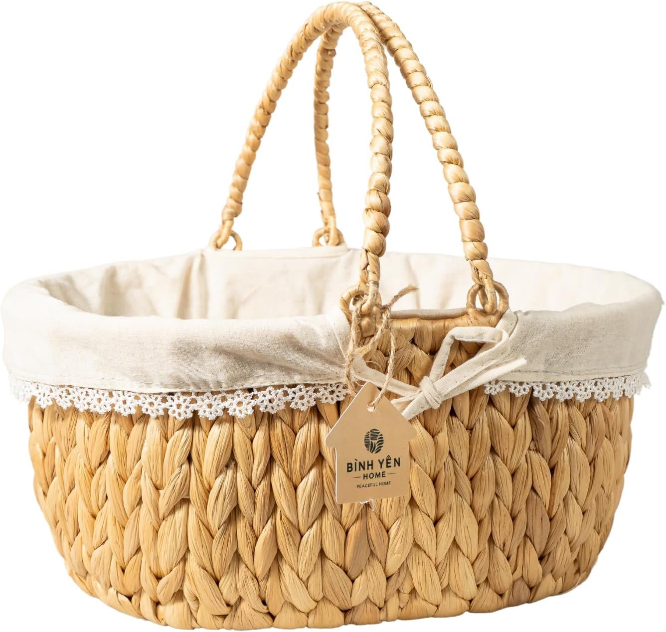 Wicker Basket with Handles and Lining, Handwoven Water Hyacinth Picnic Hamper, Oval Basket for Camping, Outdoor, Fruit, Wine, Thanksgiving Day, Birthday, Easter, Parent (White, M)