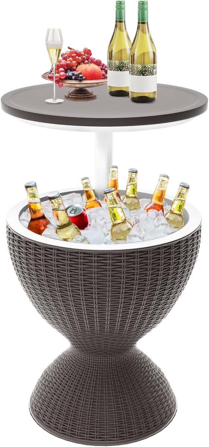 Patio Cool Bar Table, Height-Adjustable Outdoor Bar Tables 8 Gallon Beer and Wine Cooler, 3-in-1 Rattan Style Ice Cooler with Drainage Plug for Pool Party (Grey)
