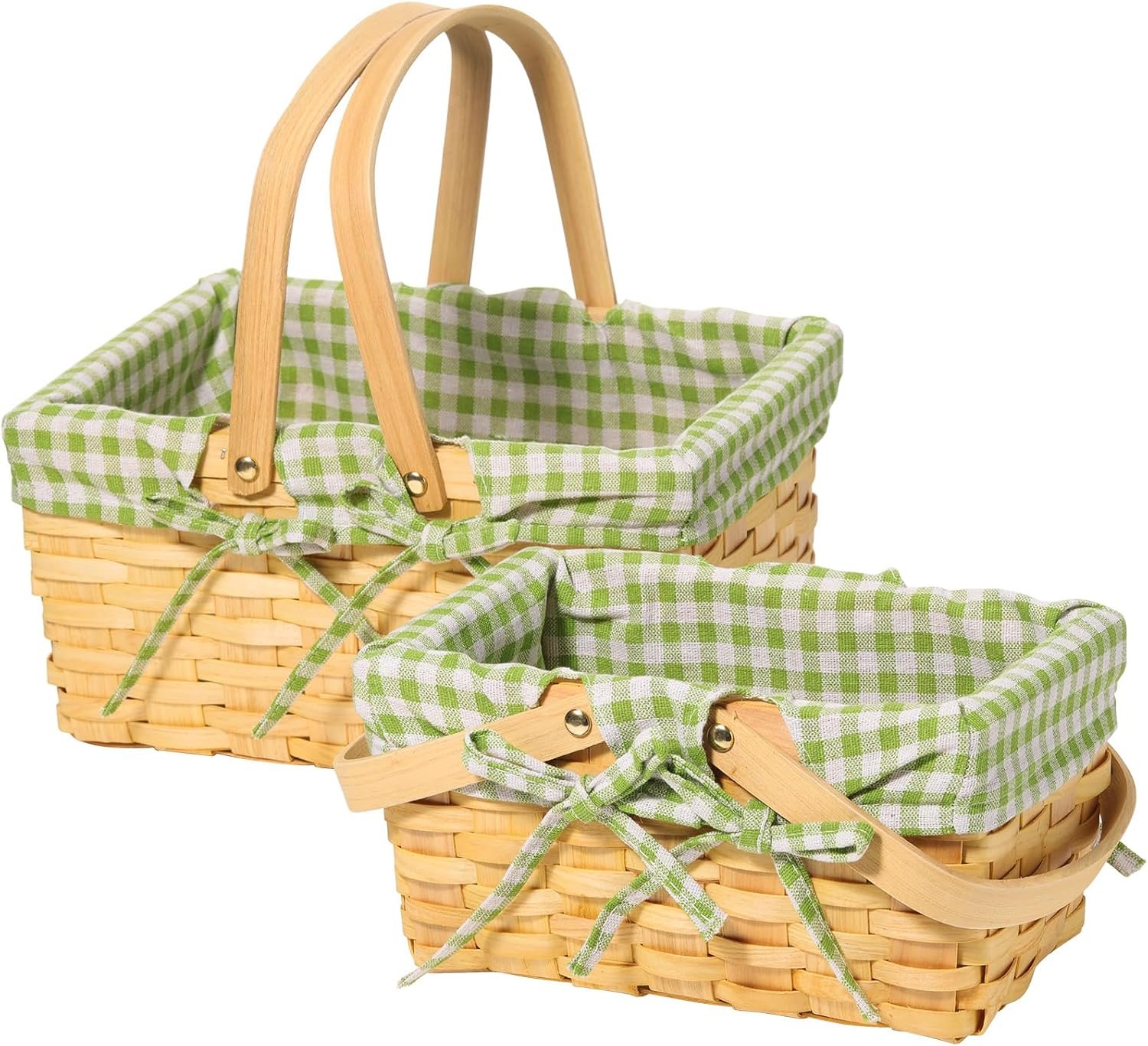 Patelai 2 Pcs Different Sizes Picnic Natural Woven Basket with Double Folding Handles and Removable Liner Woodchip Basket for Halloween,Picnics,Gifts,Candy Fruit Storage (Checkered,White and Green)