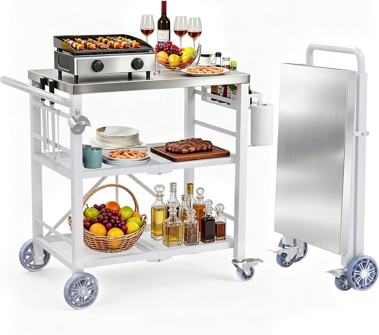 Semoprus Folding Grill Table with Storage Rack, Stainless Steel Grill Cart | 3 Shelf, Portable, Waterproof, Sturdy, Griddle Stand Fit 17 & 22 inch and Ninja, Camping Kitchen Station, Easy Assembly