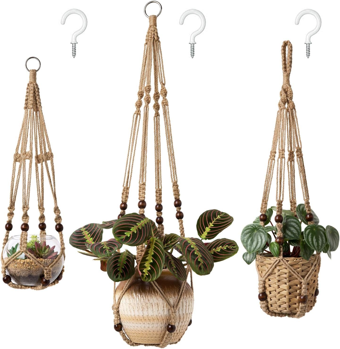 Mkono 3 Pack Macrame Plant Hangers Hanging Planters for Indoor Plants Brown | 3 Sizes 35″/29″/23″ Hanging Plant Holder Basket with Beads, Boho Home Decor for Patio Balcony Living Room, Pots Not Included