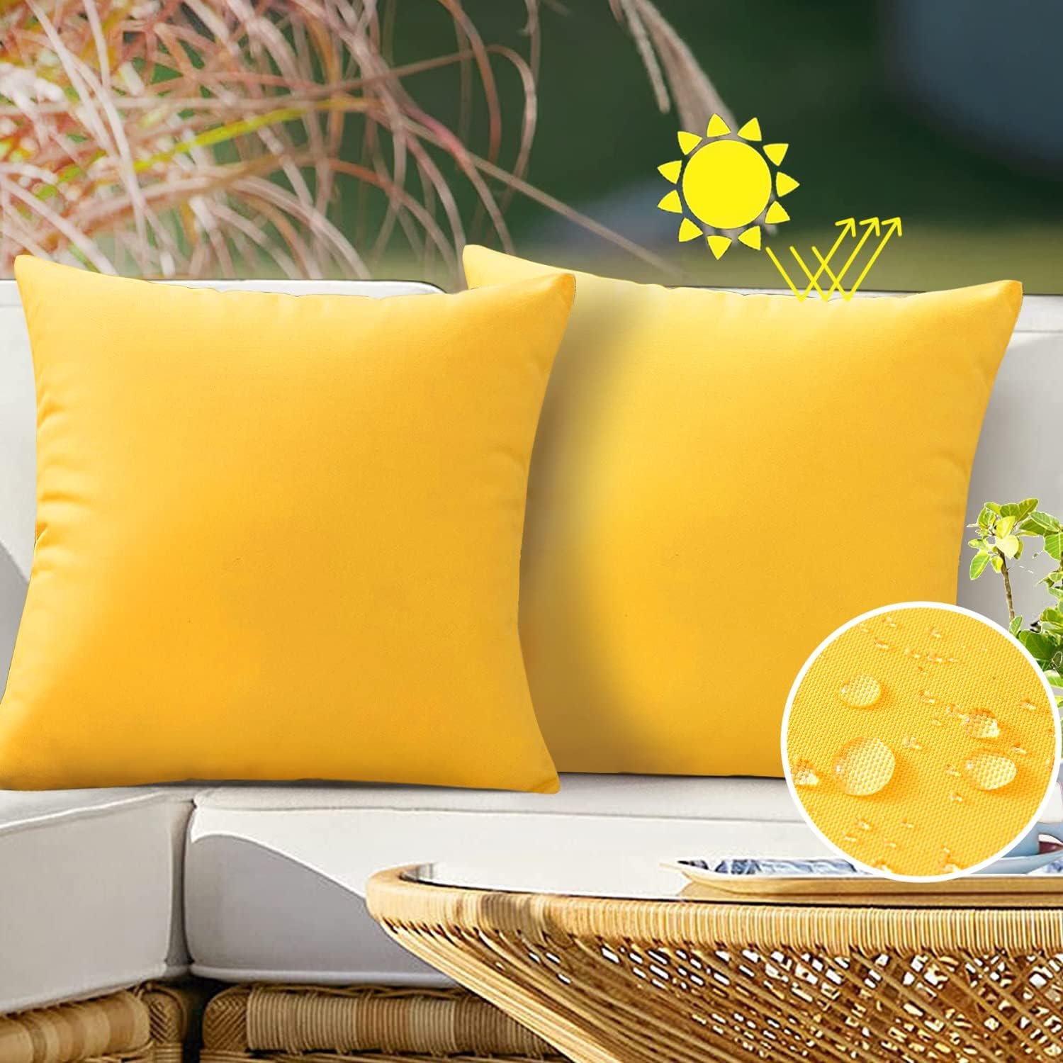 VAKADO Outdoor Waterproof Throw Pillow Covers 18X18 Set of 2 Decorative Yellow Patio Furniture Summer Cushion Cases Outside Decor for Couch Garden Bench Porch
