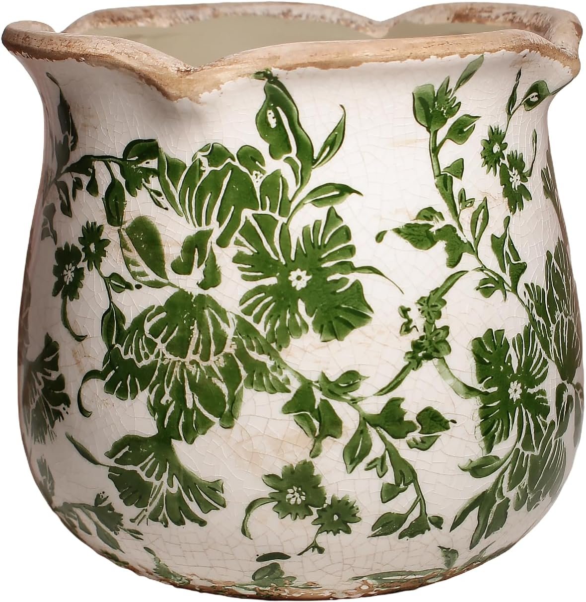 Xiaan Jiaju Tuscan Ceramic Plant Pots, 6.11 Inch Vintage Planters with Drainage Hole for Indoor Plants, Farmhouse Green Scroll Vase & Flower Pots, Home Kitchen Garden Decor, Plant Lover Gifts