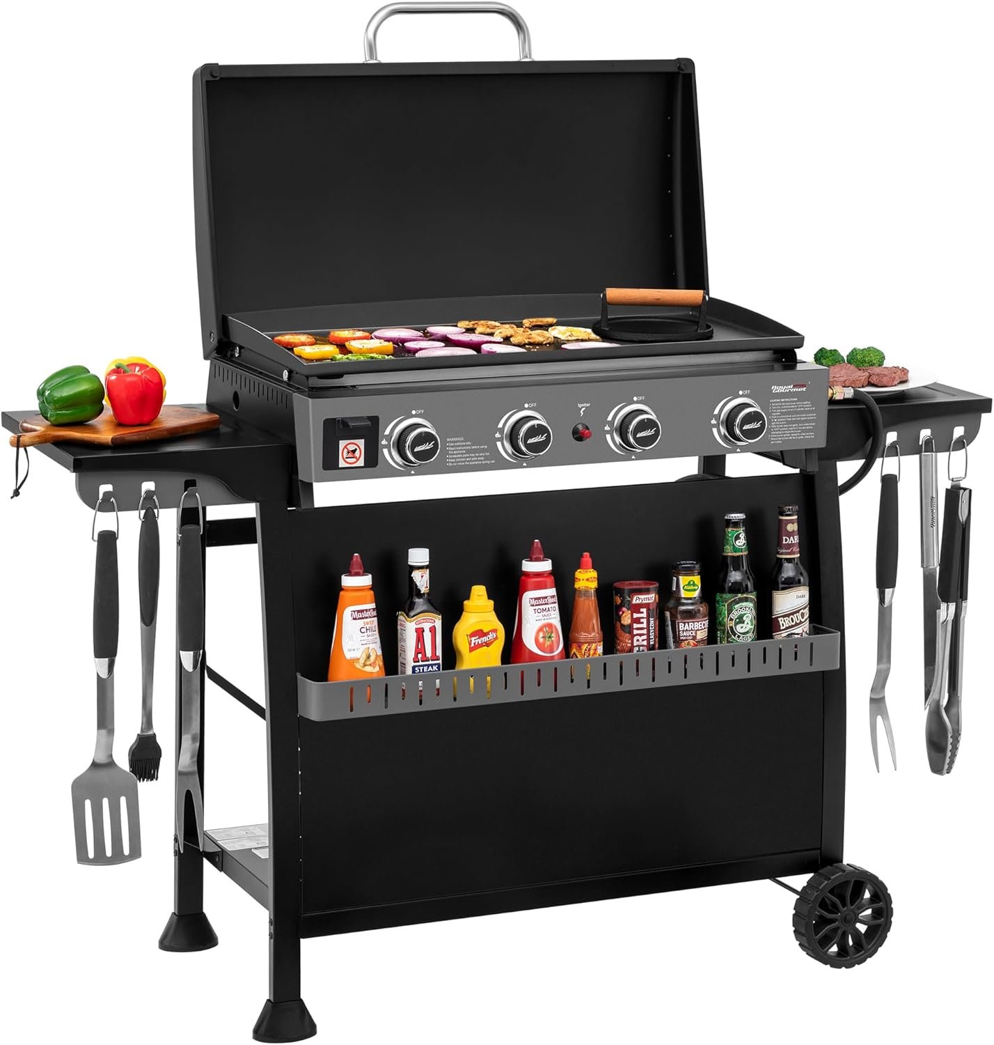 Royal Gourmet PD4001 4 Burner Propane Gas Griddle with Removable Standing Cart, Convertible to Tabletop Design, Flat Top Grill with Hood for Camping, Tailgating, Backyard, Black | Convertible to Tabletop Design, Black | Flat Top Grill with Hood for Camping, Tailgating, Backyard BBQ
