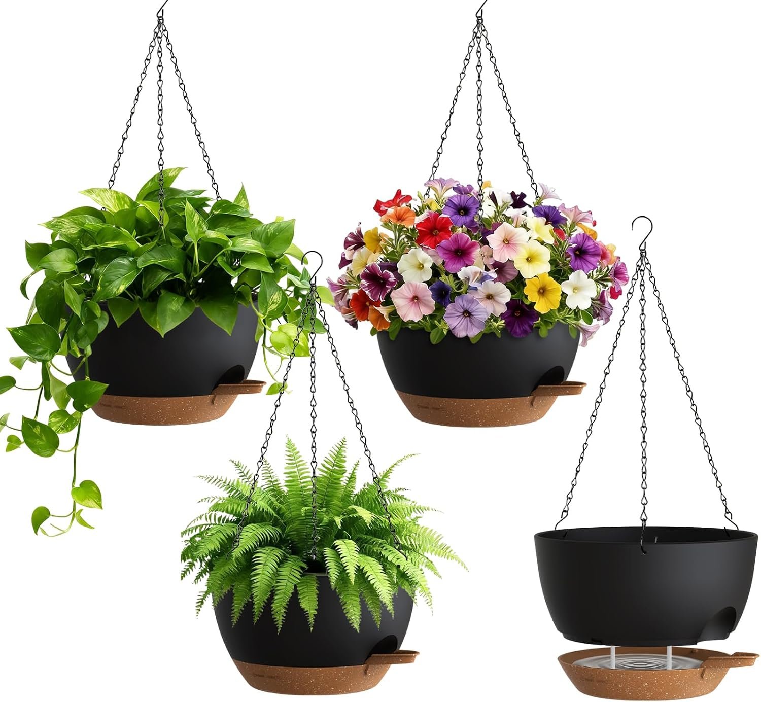 UOUZ 4 Pack 8 Inch Self Watering Hanging Planters for Indoor Outdoor Plants，Hanging Pots for Plants with Drainage Removable Tray, Hanging Baskets Flower Pots for Pothos Spider Garden Black with Brown