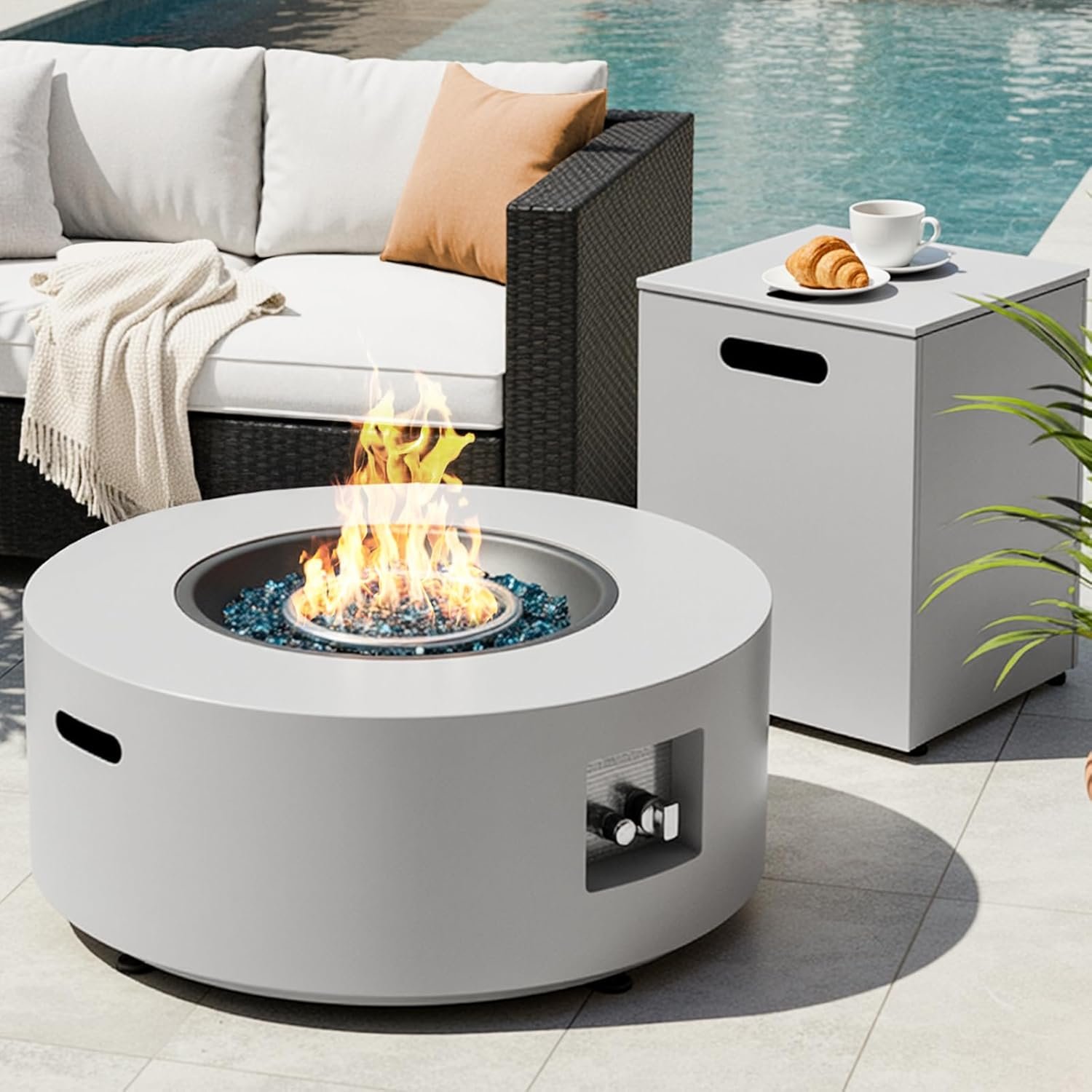 TLGREEN 30-Inch Round Propane Fire Pit Table, 50,000 BTU, Light Gray | Gas Fire Pit with Integrated Tank Storage; Steel Burner for Outdoor Heat; Rain Cover for Patio Storage