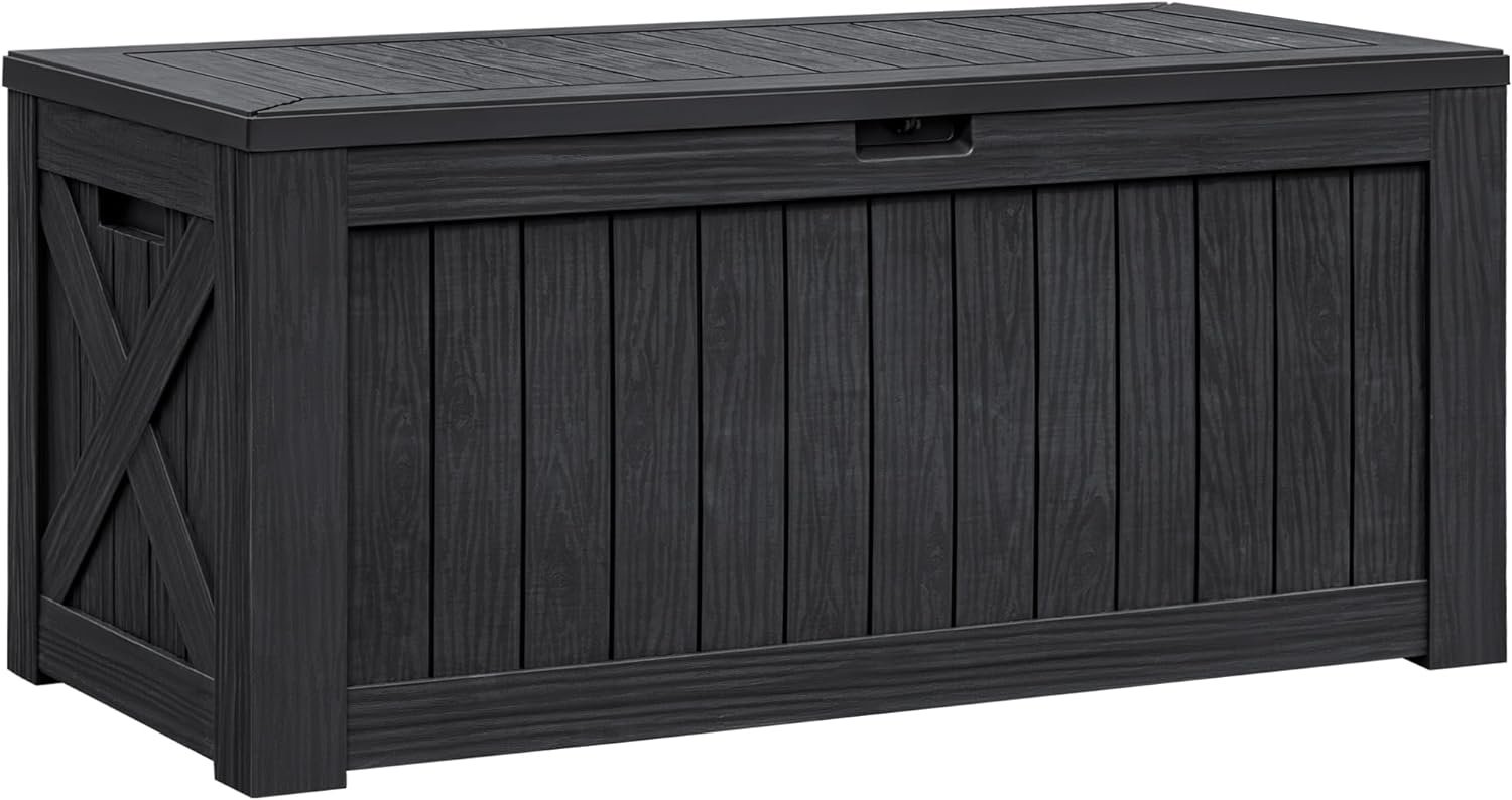 Flamaker Resin Deck Box 120 Gallon Waterproof Large Outdoor Storage Box | Indoor Imitation Wood Resin Plastic Delivery Box for Patio Furniture Garden Tools and Pool Deck Chest