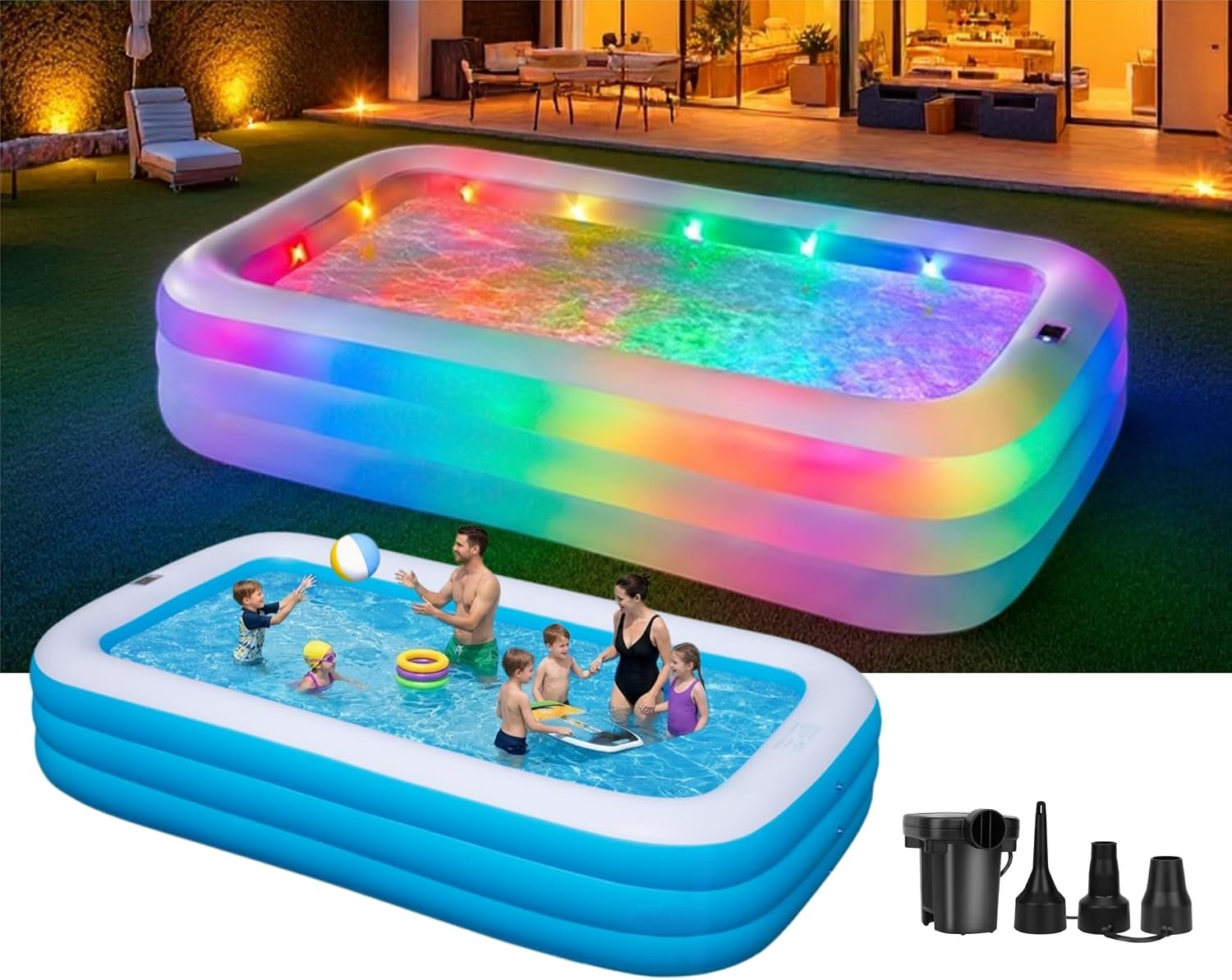 Inflatable Pool for Adults and Kids, 130″x72″x22″ Full Size Inflatable Pools with Lights, Large Blow Up Pool for Family, Thickened Inflatable Swimming Pool for Outdoor Backyard