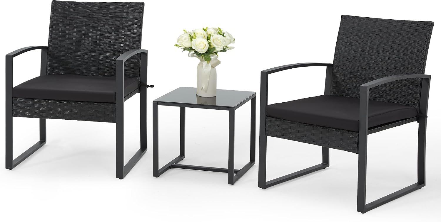 Bezseller 3-Piece Patio Furniture Set, Wicker Bistro Set, Black | 2 Straight Arm chairs with Glass Coffee Table, Patio Conversation Set for Backyard, Porches, Poolside, Lawn and Balcony