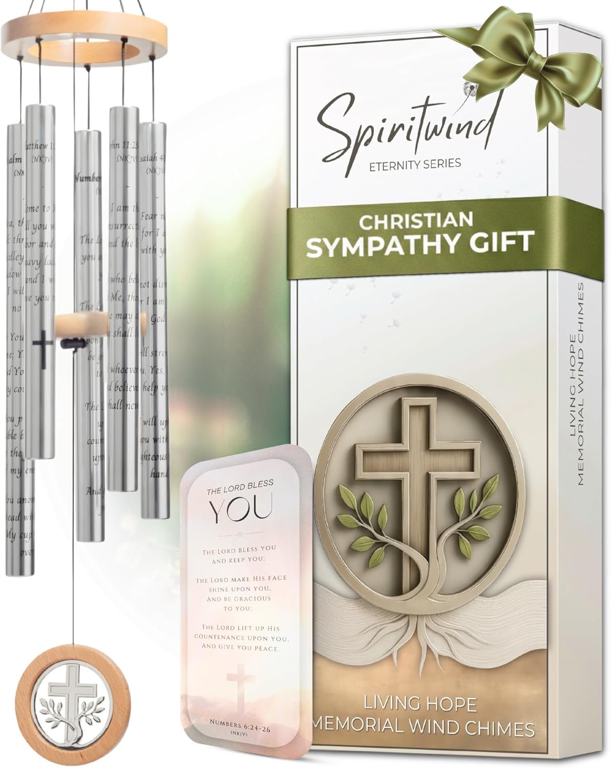 Living Hope Christian Memorial Wind Chimes for Loss of Loved One – Beautifully Packaged Sympathy Wind Chimes for Outside with Sympathy Card & Floral Keepsake – Religious Memorial Gifts for Loss (32″)