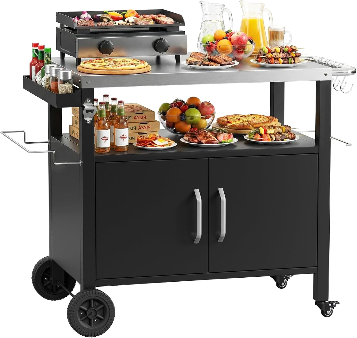 LIFERUN Outdoor Grill Cart with Stainless Steel Top, XL Outdoor Kitchen Island with Storage Cabinet, Prep Station with 2 Lockable Wheels and 4 Hooks for BBQ Food Prep & Outside Dining, 41″ x 23″
