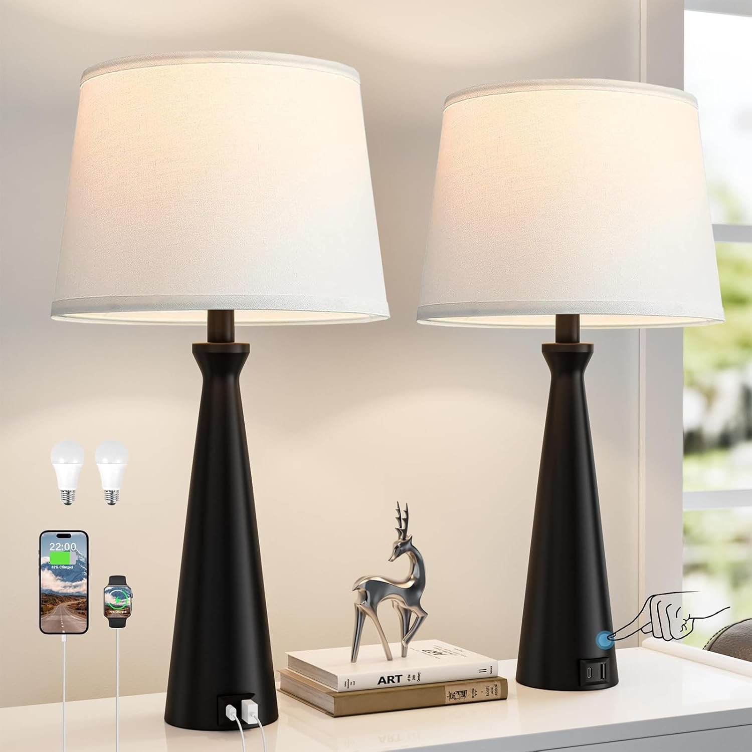 Seealle Modern Table Lamps Set of 2 – Touch Bedside Lamp for Nightstand with Dual USB C+A,3-Way Dimmable Black Nightstand Lamps for Living Room Bedroom End Table(Bulb Included)