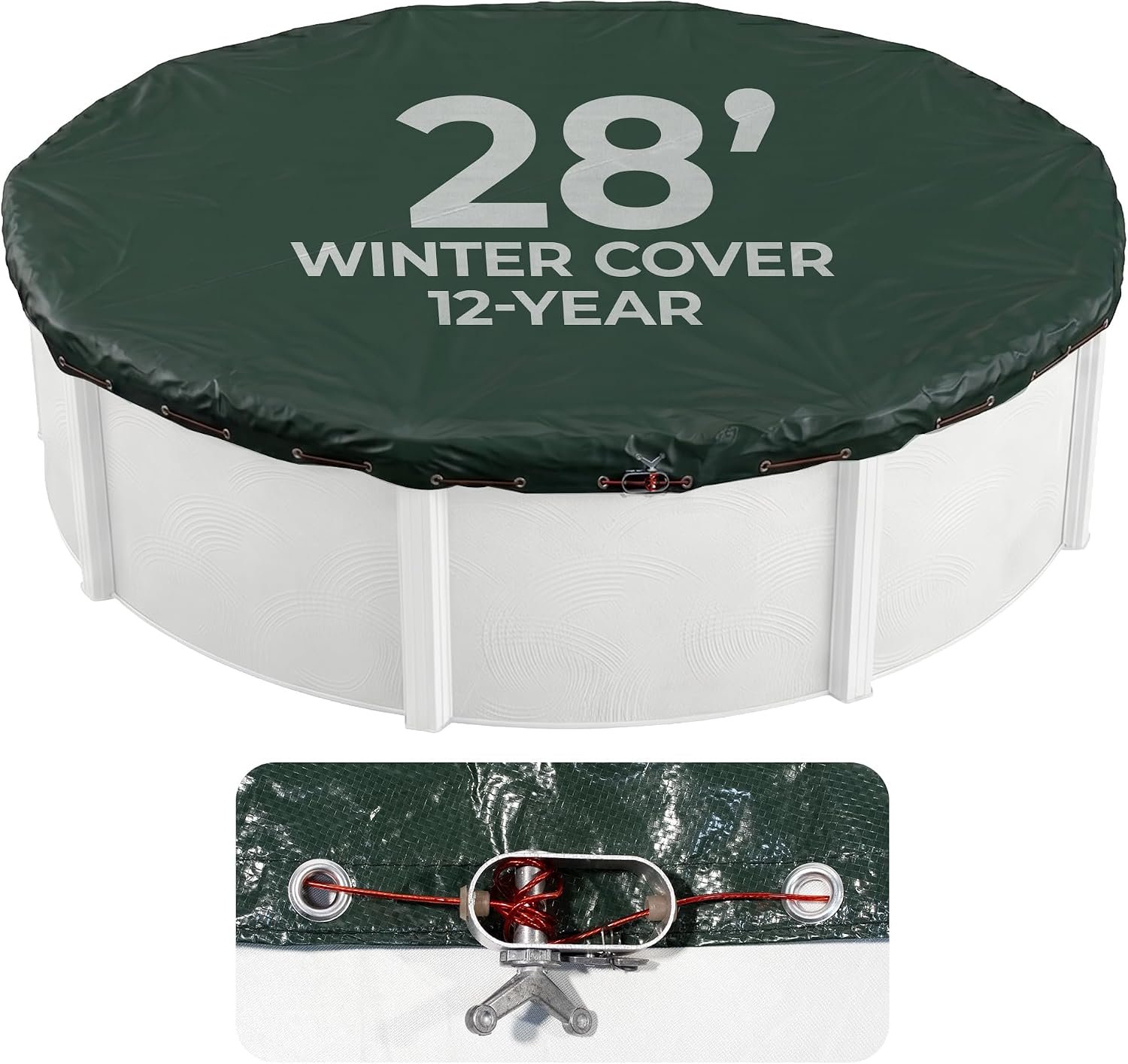 Blue Wave Arctic Armor 28-ft Round Above Ground Pool Winter Cover, Green | Solid polyethylene, heat-sealed seams, underside, cable, winch, grommets, 4-ft overlap, 12-yr support, blocks debris & snow