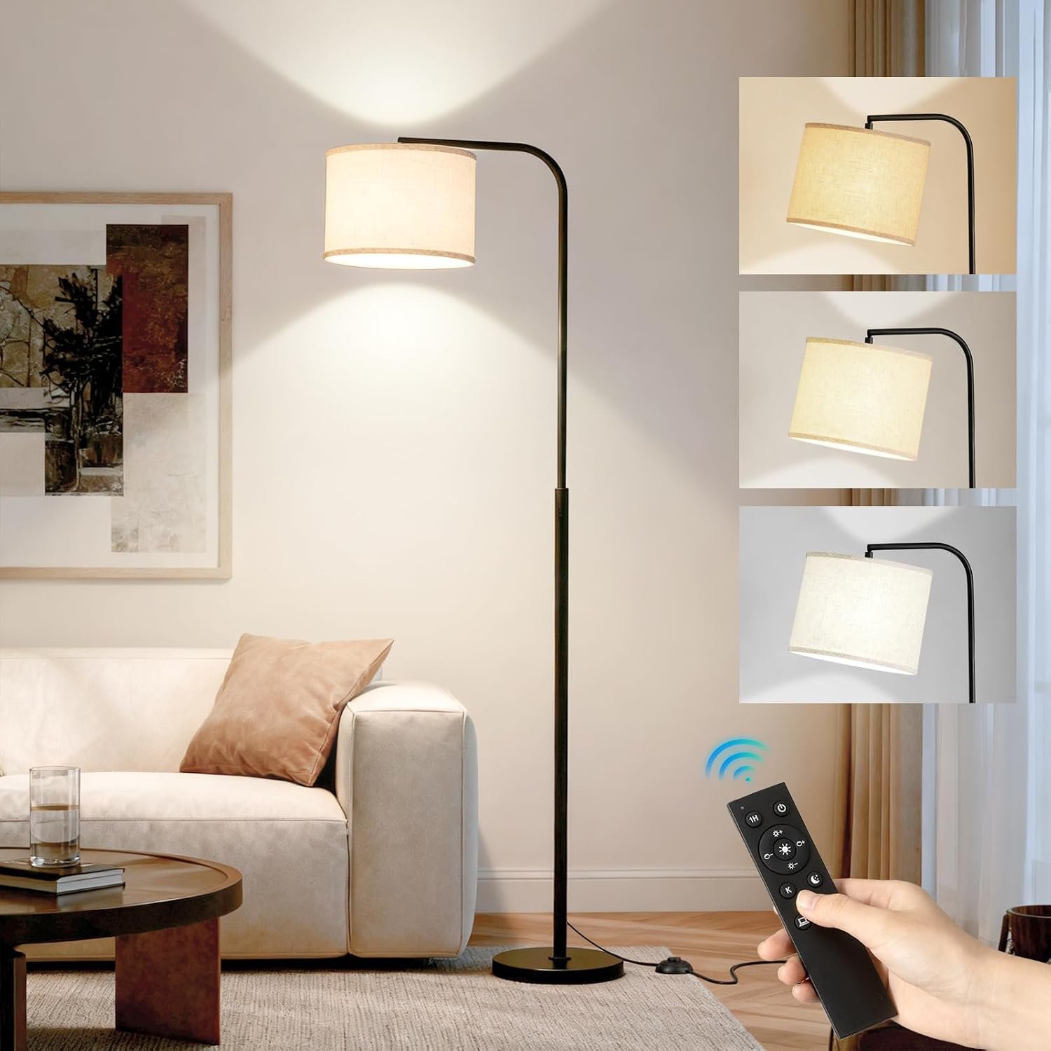 Floor Lamp for Living Room and Bedroom – Modern Standing Lamps Tall with Dimmable LED Bulb and Remote Control – Black Stand Arc Light With Shade for Reading Home Decor Corner and office（Black）