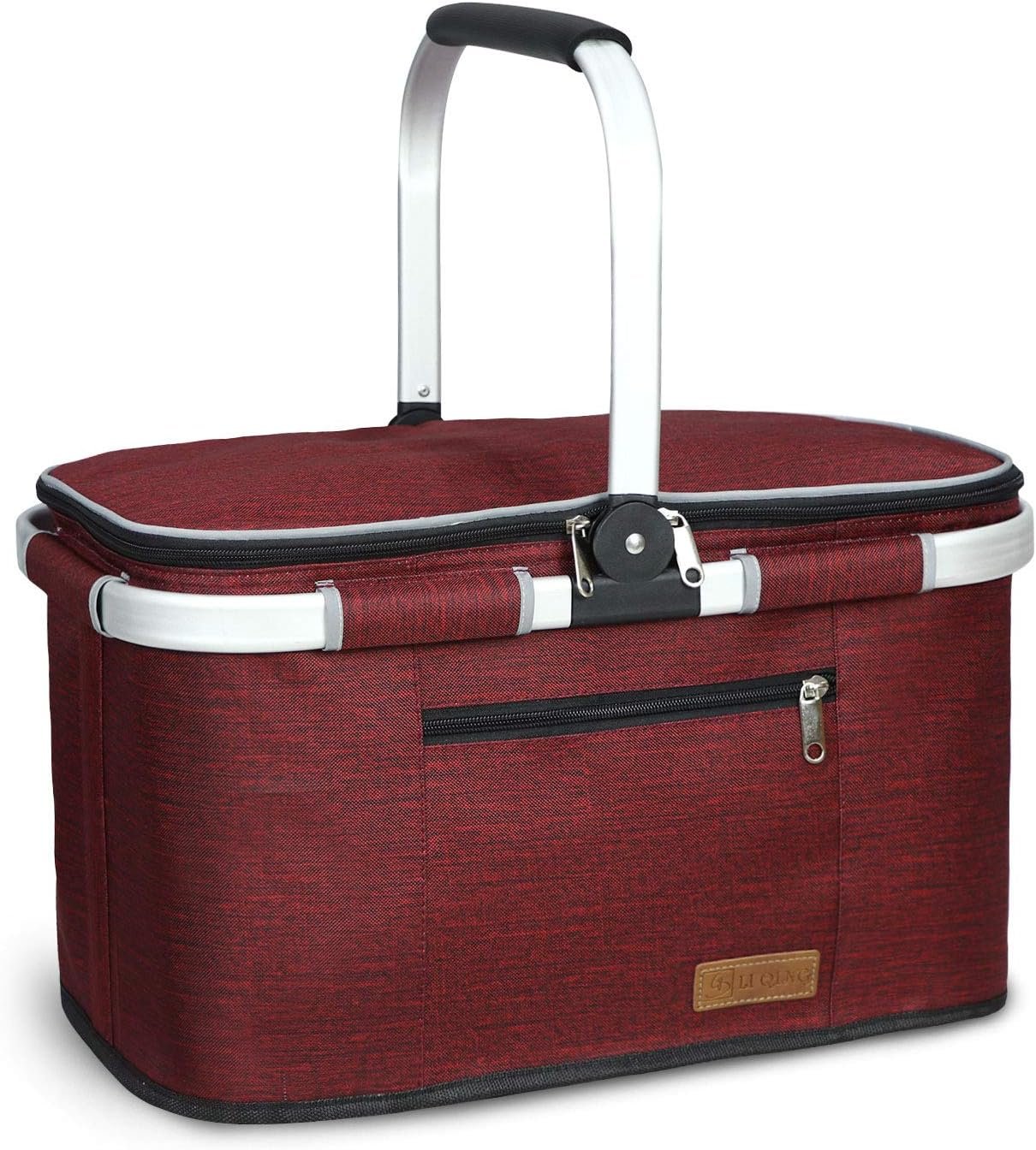 LIQING 35L Large Picnic Basket 2 Layers of Internal Pockets Leak-Proof and Insulated ，Folding with Internal Support for enhansed Stability, Wedding Gifts for Couple(Wine red)