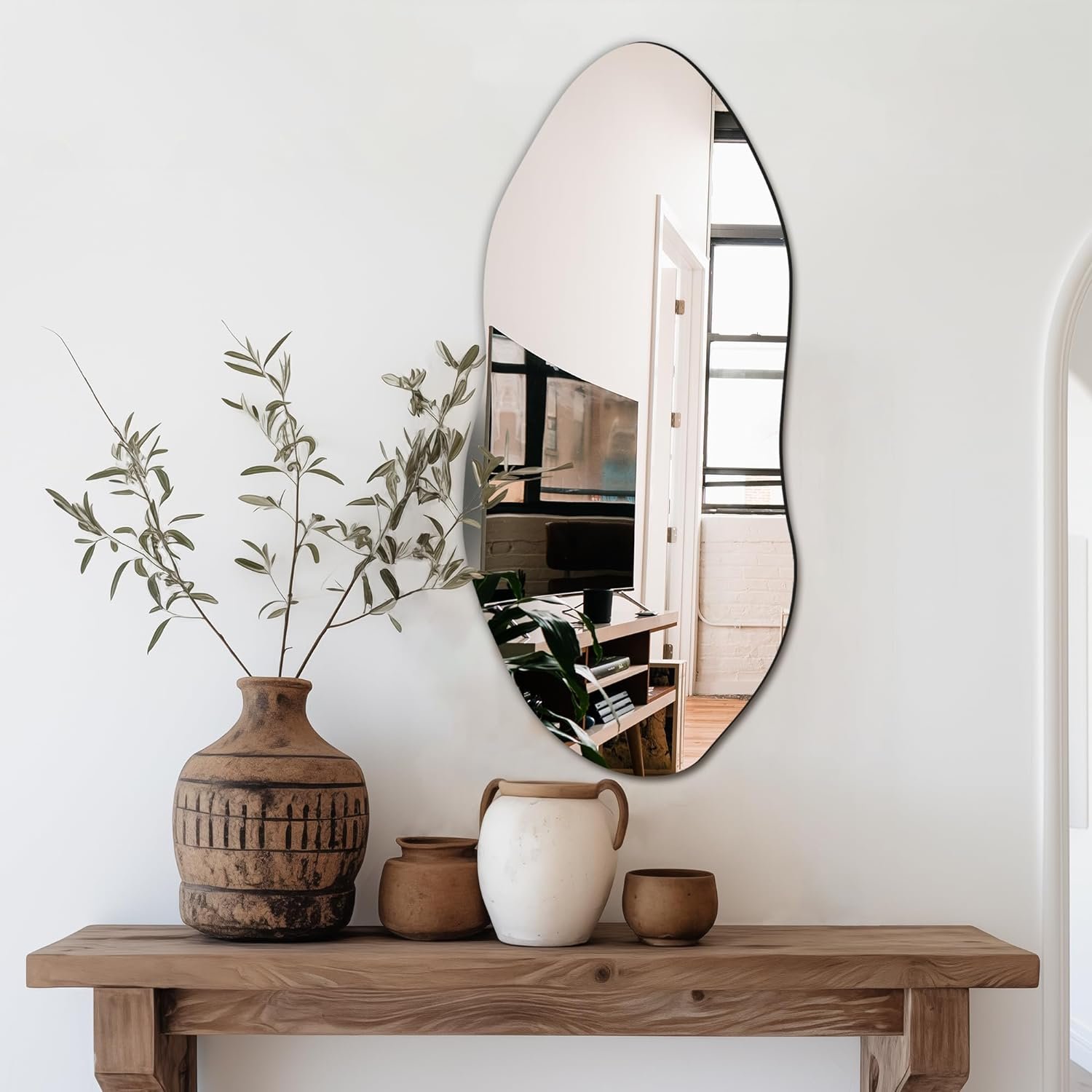 Delma Irregular Wall Mirror, 32″x14″ Slim Vertical Wavy Design | Frameless, Entryway, Hallway & Bathroom, Modern Boho, Wall-Mounted