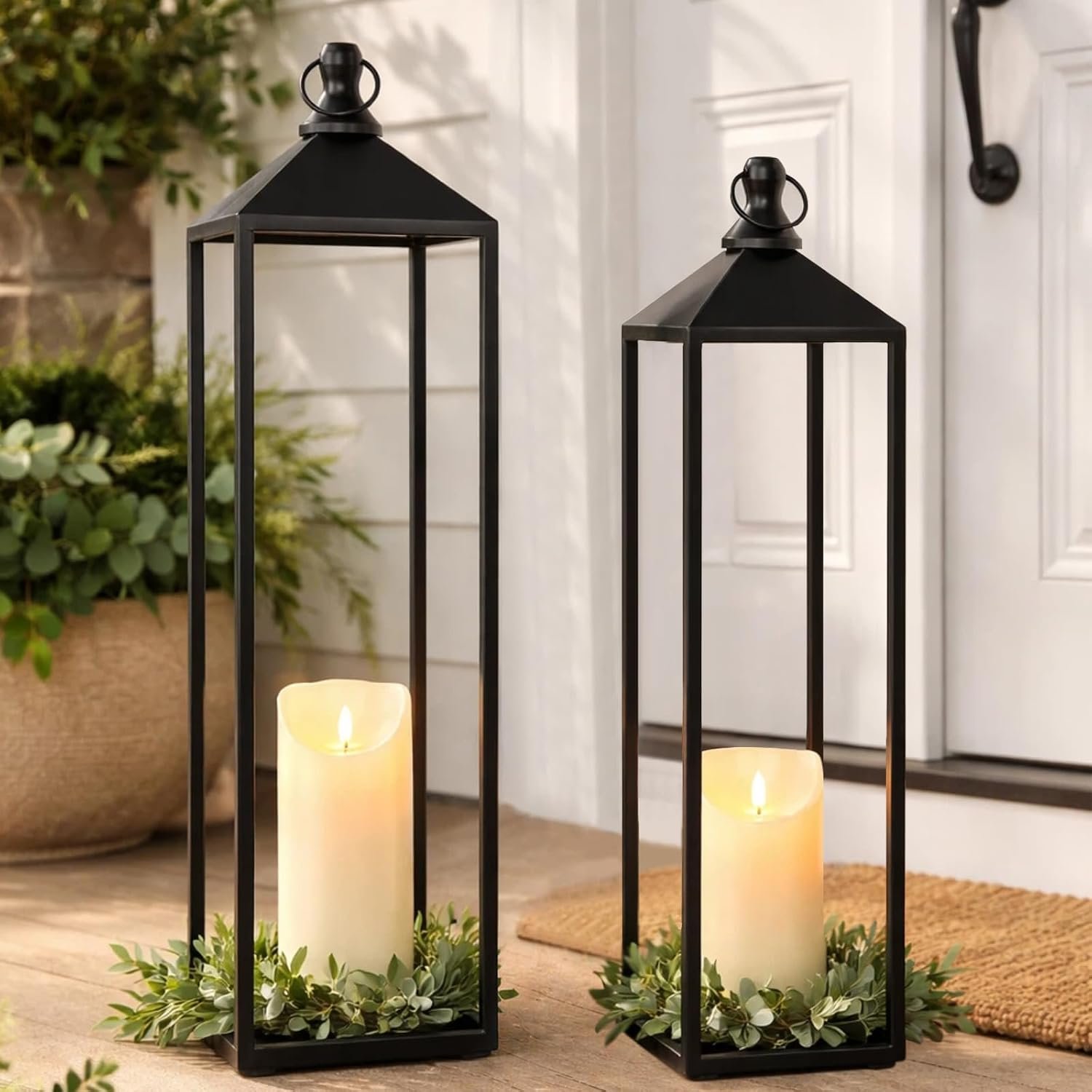 22” 19” Large Lanterns Decorative Outdoor Indoor, Set of 2 Black Metal Candle Lanterns Modern Farmhouse Floor Lanterns Decorative for Home Decor, Mantle, Fireplace, Patio, Porch, Garden