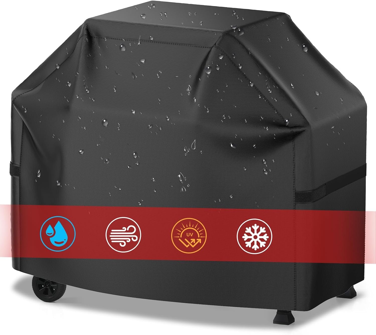 Grill Cover, 58 inch BBQ Gas Grill Cover for Outdoor Grill, Waterproof, Anti-UV, Rip-Proof, Fade Resistant Material, Barbecue Cover with Hook-and-Loop Straps & Adjustable Hem Drawstring, Black