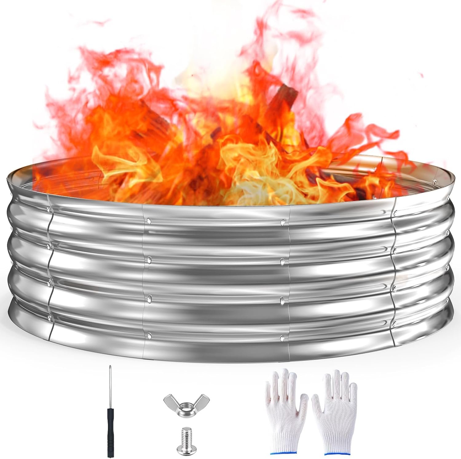 60 Inch Fire Pit Ring 5FT Galvanized Steel, 12″ Raised Heavy Duty Wood Burning Fire Pits&Outdoor Fireplace, Heat Resistant Campfire Ring with Spark Guard, for Outdoor Backyard, Patio & Camping Use