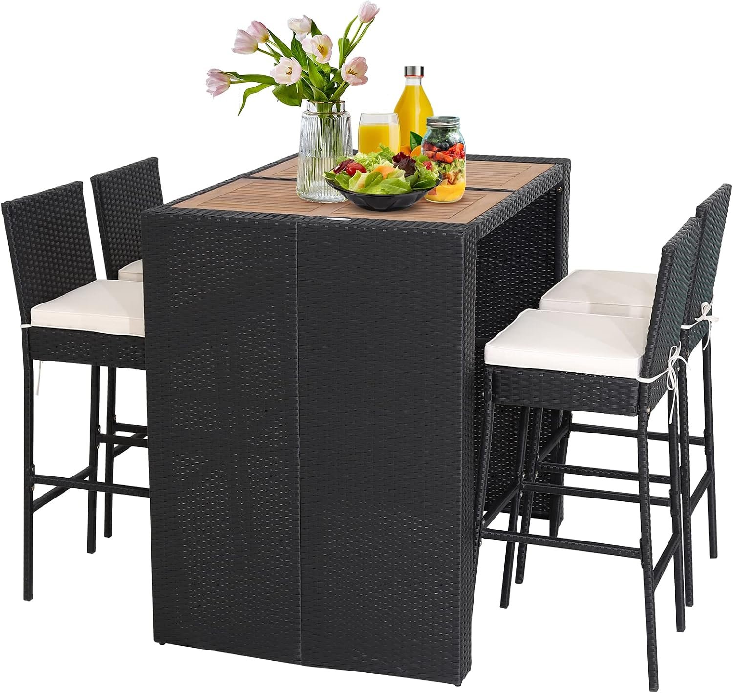 Tangkula 5 Piece Patio Wicker Bar Set, Patiojoy Outdoor Acacia Wood Bar Height Table & 4 Rattan Bar Stool Chairs with Backrest and Footrest, Outdoor Dining Bistro Set