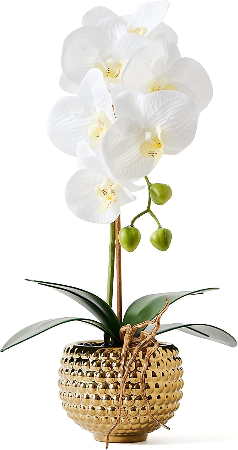 Orchids Artificial Flowers, 15″ Faux Orchid in Gold Flower Pot Real Touch Flowers in Pot Large Flower Arrangements Artificial Centerpiece for Home Living Room Bathroom Kitchen Decoration (White)