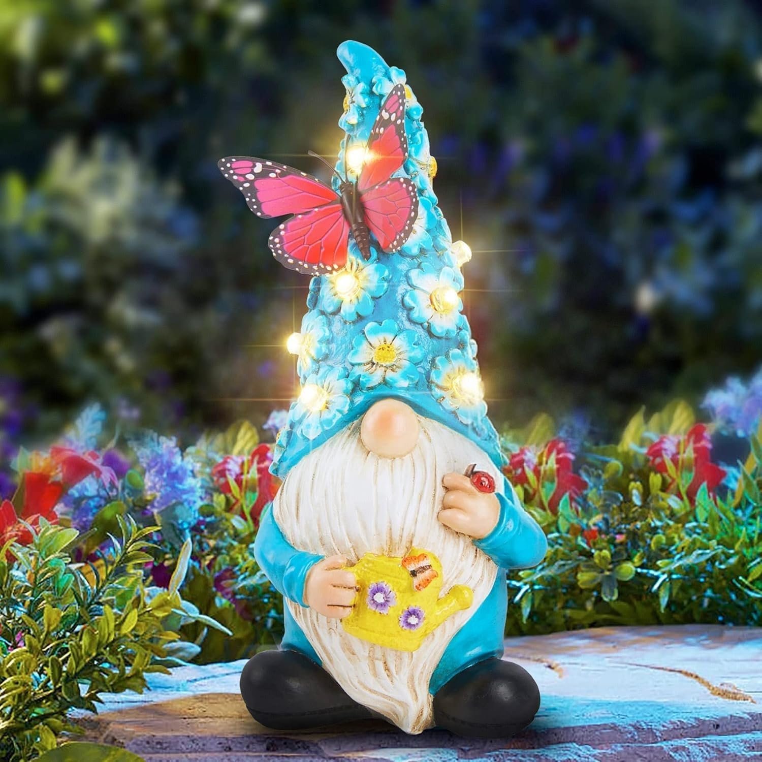 Garden Gnome Statues Outdoor Decor Solar Gnomes with Butterfly on LED Lighted Flowers, Resin Blue Gnomes Sculpture for Patio Yard Lawn Onament Decoration
