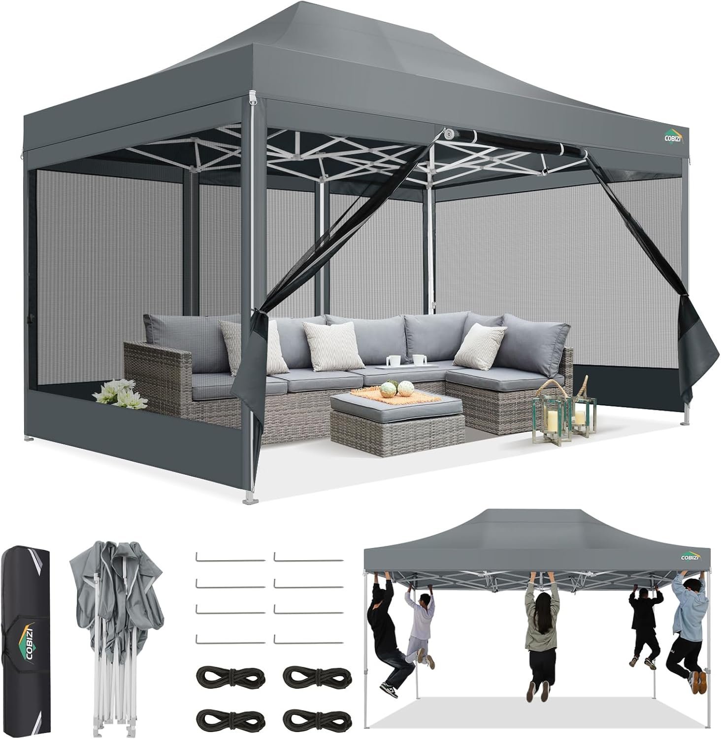 COBIZI 10×15 Heavy Duty Pop Up Canopy Tent with Removable Mesh Sidewalls | UPF 50+, waterproof, sturdy frame, holds 10-15 people, 3 adjustable heights, 420D Oxford, 1080D carry bag, commercial