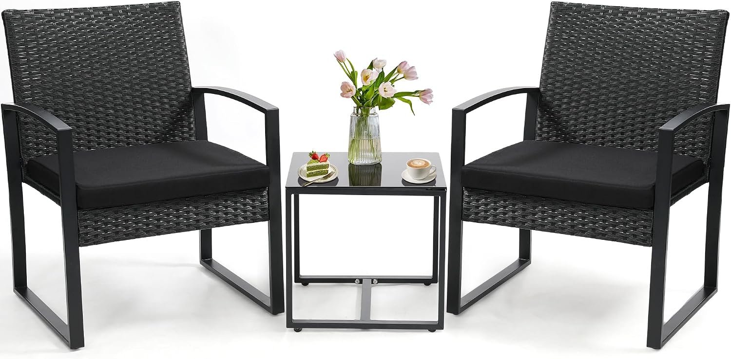 3-Piece Outdoor Wicker Bistro Set, Black/Black | Patio Conversation Set with Coffee Table & Washable Cushions for Porch, Yard, Balcony