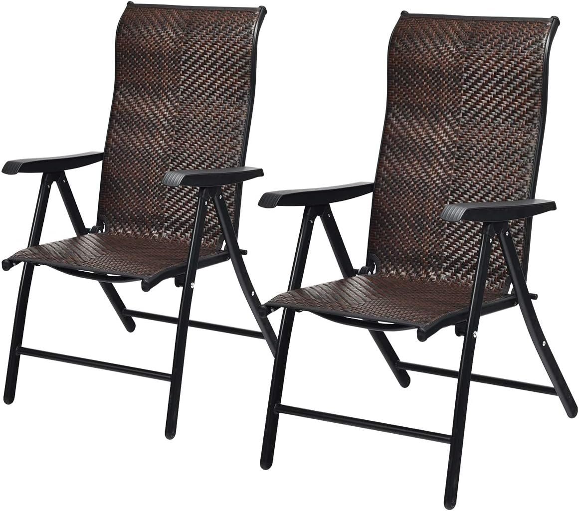 Tangkula Foldable Patio Wicker Dining Chairs Set of 2, Portable High Back Outdoor Wicker Chair with 5-Level Adjustable Backrest, No Assembly Reclining Chairs for Porch Deck Garden Balcony