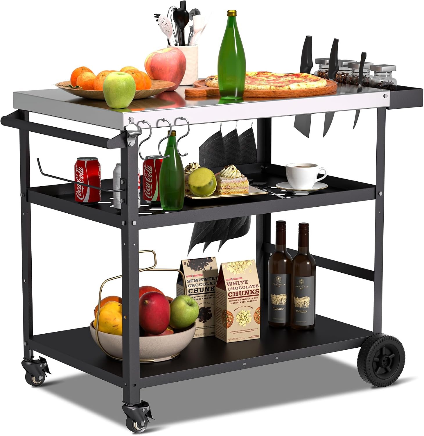 Spurgehom Outdoor Grill Cart, Pizza Oven Stand Table with Wheels | Dining Cart for Outside Patio, Movable Kitchen Cooking Prep Table BBQ Cart with Mesh Racks for Home Party, Bar, Camping