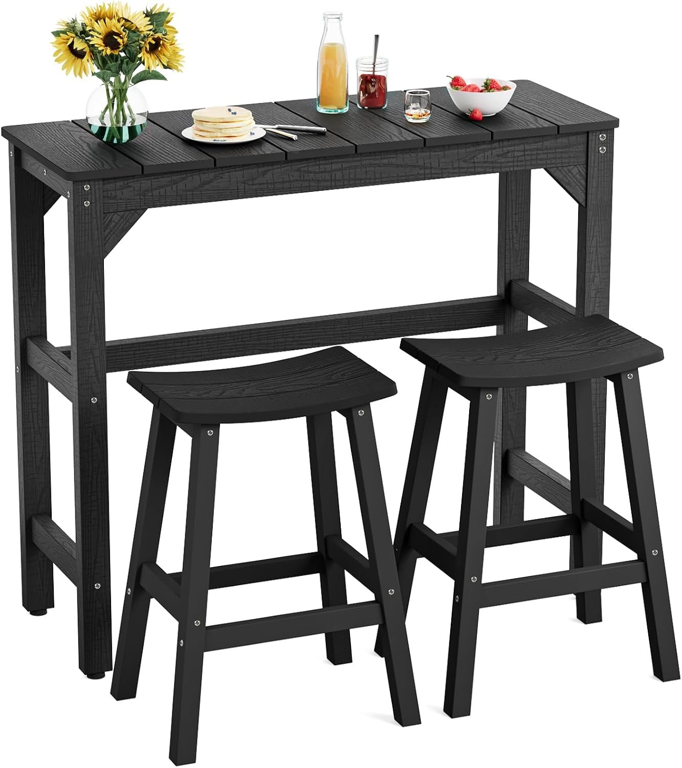 3-Piece Outdoor Bar Set, 42″ Bar Height Table & 2 Outdoor Bar Stools | Comfort Saddle-shaped Seat Holds up to 400lbs, All-Weather HIPS Patio Barstools Set for Garden Poolside Bistro, Black