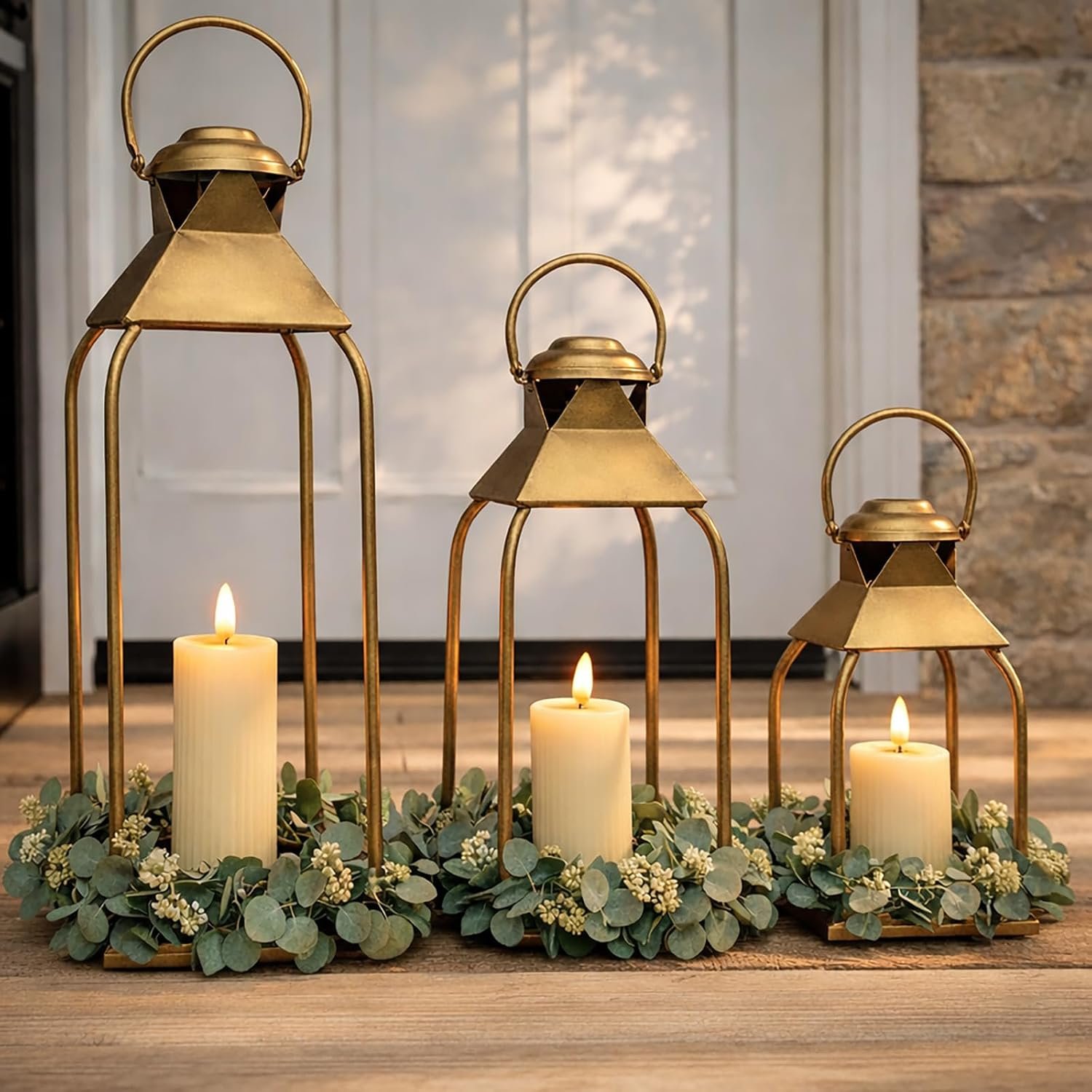 Decorative Metal Lanterns Indoor Outdoor, Candle Holder for Porch, Patio, Fireplace, Floor, Wedding, Christmas, Fall, Holiday, Farmhouse Table Centerpiece (Antique Gold, Set of 3 20″ 15.7″ 12″)