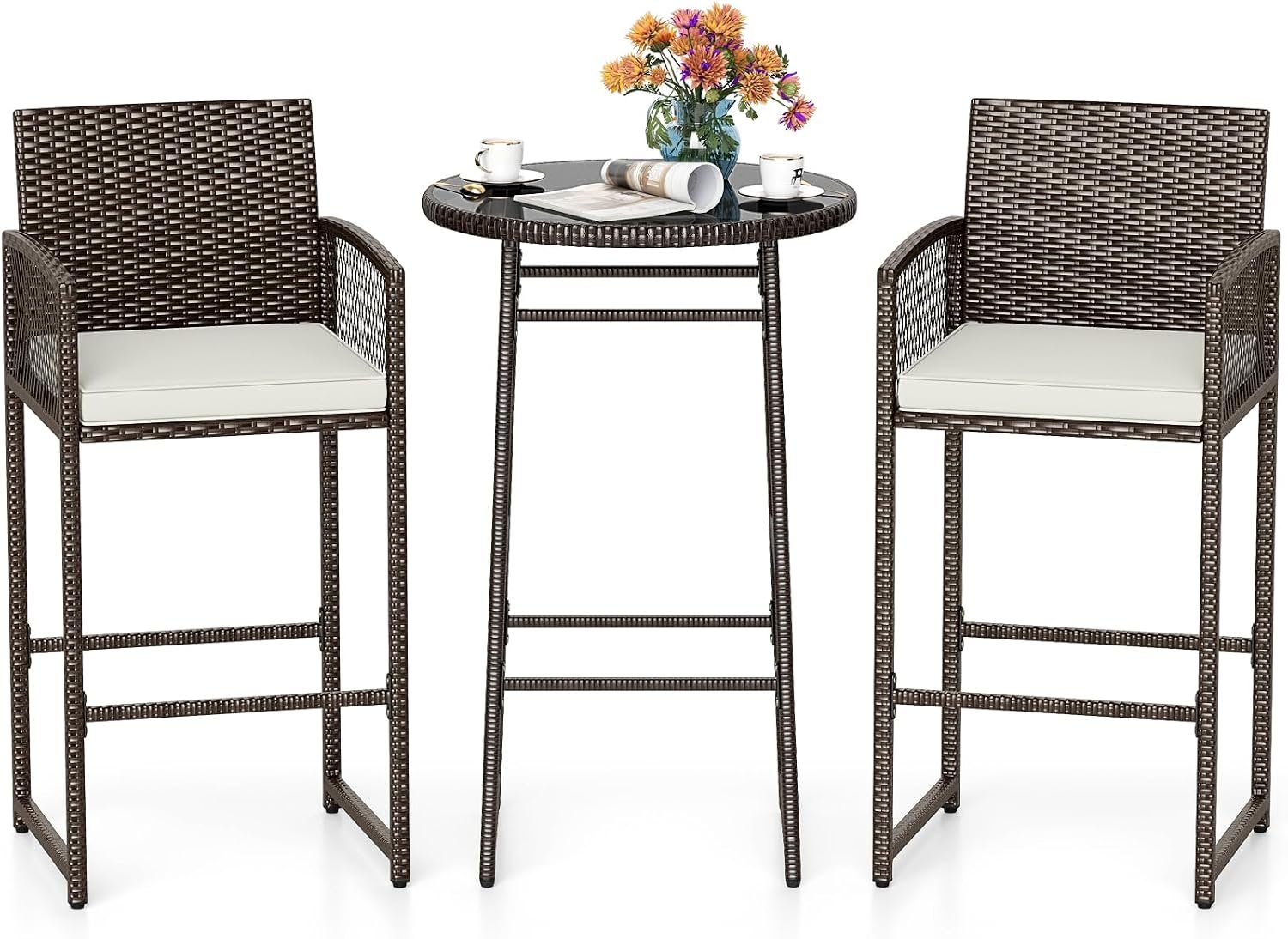 Tangkula 3 Piece Patio Bar Set, Outdoor Wicker Bar Height Glass Top Table & 2 Cushioned Bartools Heavy Duty, for Backyard, Poolside, Porch