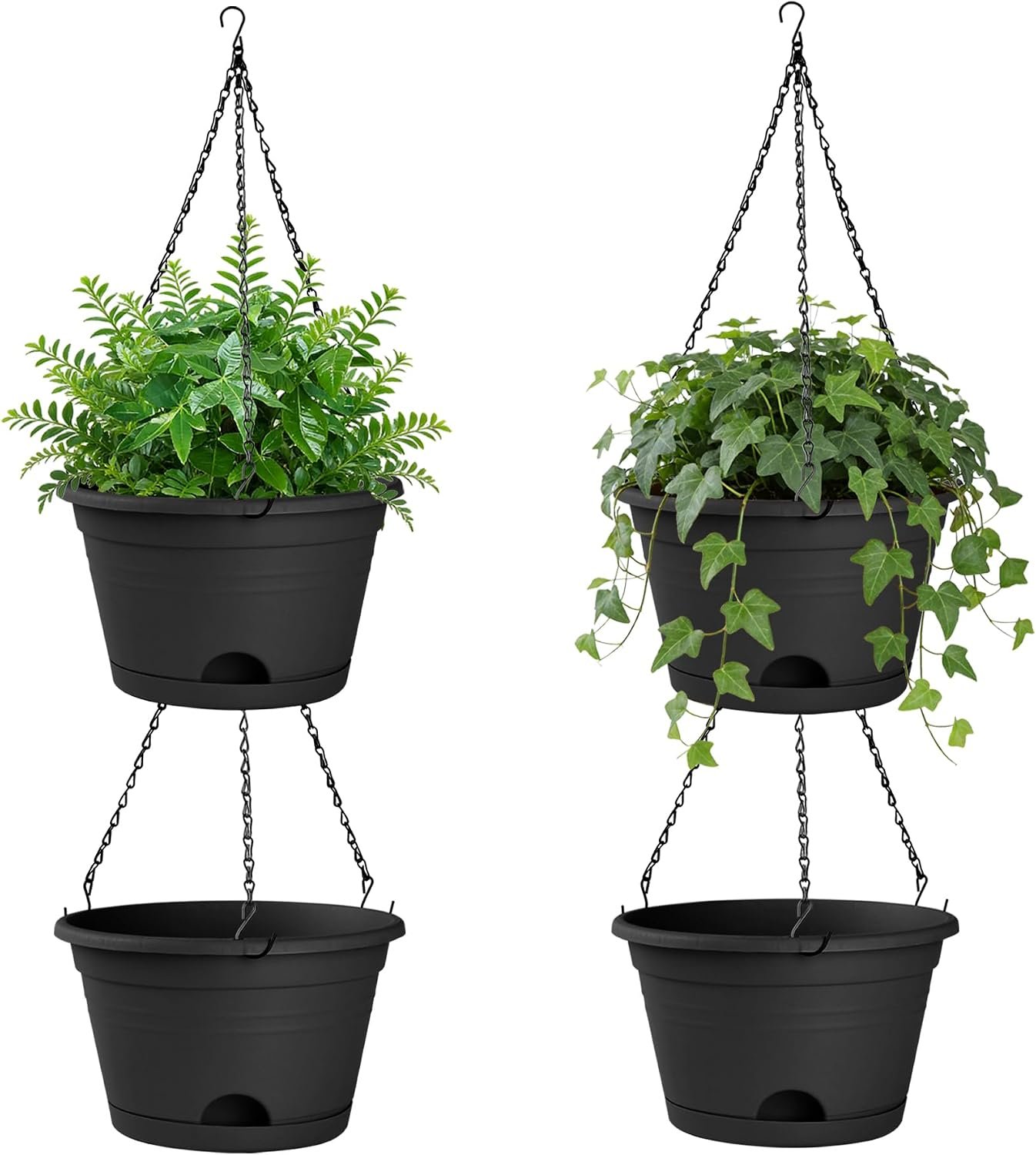4 Pack 10 Inch Hanging Planters, Hanging Baskets for Plants Outdoor, Black | Plactic Hanging Plant Pots, 40cm Chain & Removable Drainage Trays, Hanging & Place Flowers Pots, Home Garden Porch Decor