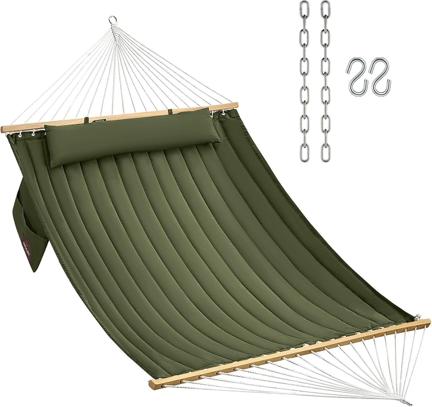 CHULIM Double Quilted Fabric Hammock with Hardwood Spreader Bars and Pillow 450 LBS Capacity 2 Person Large Hammock for Outdoor Patio Backyard Poolside – Green