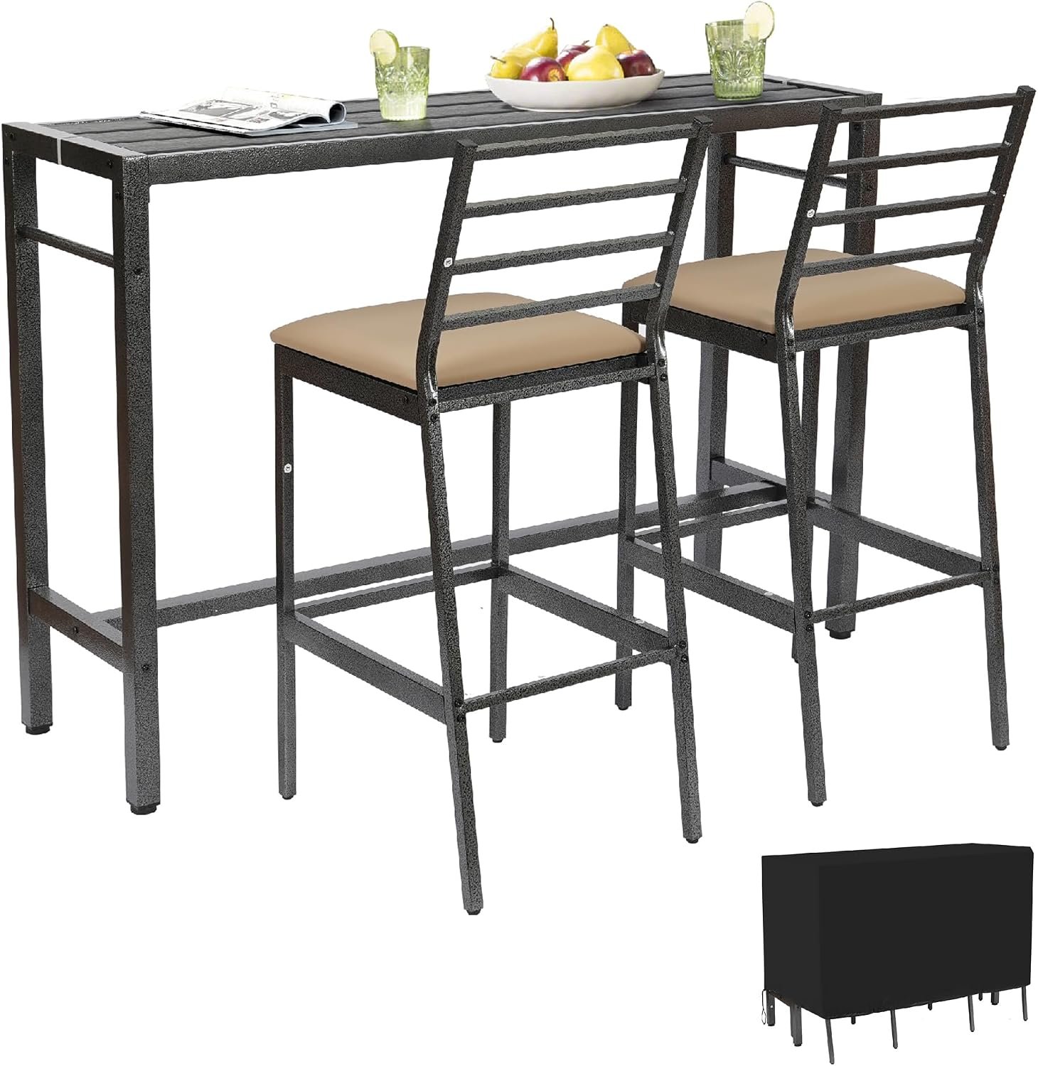 3Pcs Outdoor Patio Bar Set with Cover, 55″ Rectangular Pub Height High Top Bar Table with 2 Cushioned Bar Stools, Metal Bar Table and Chairs Set for Outside, Patio, Balcony, Deck