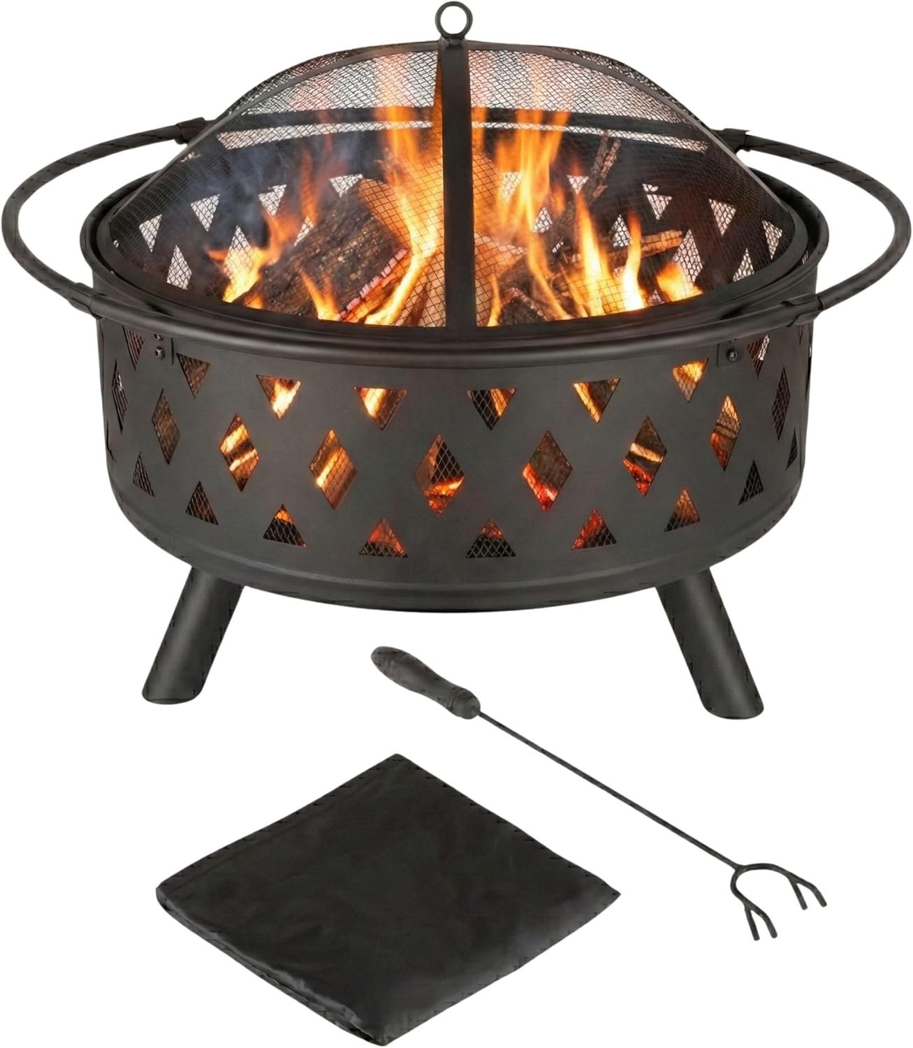 Fire Pit – 32-Inch Outdoor Wood Burning Firepit with Screen, Poker, and Cover – Outdoor Fire Pits for Backyard, Deck, or Patio by Pure Garden (Black)