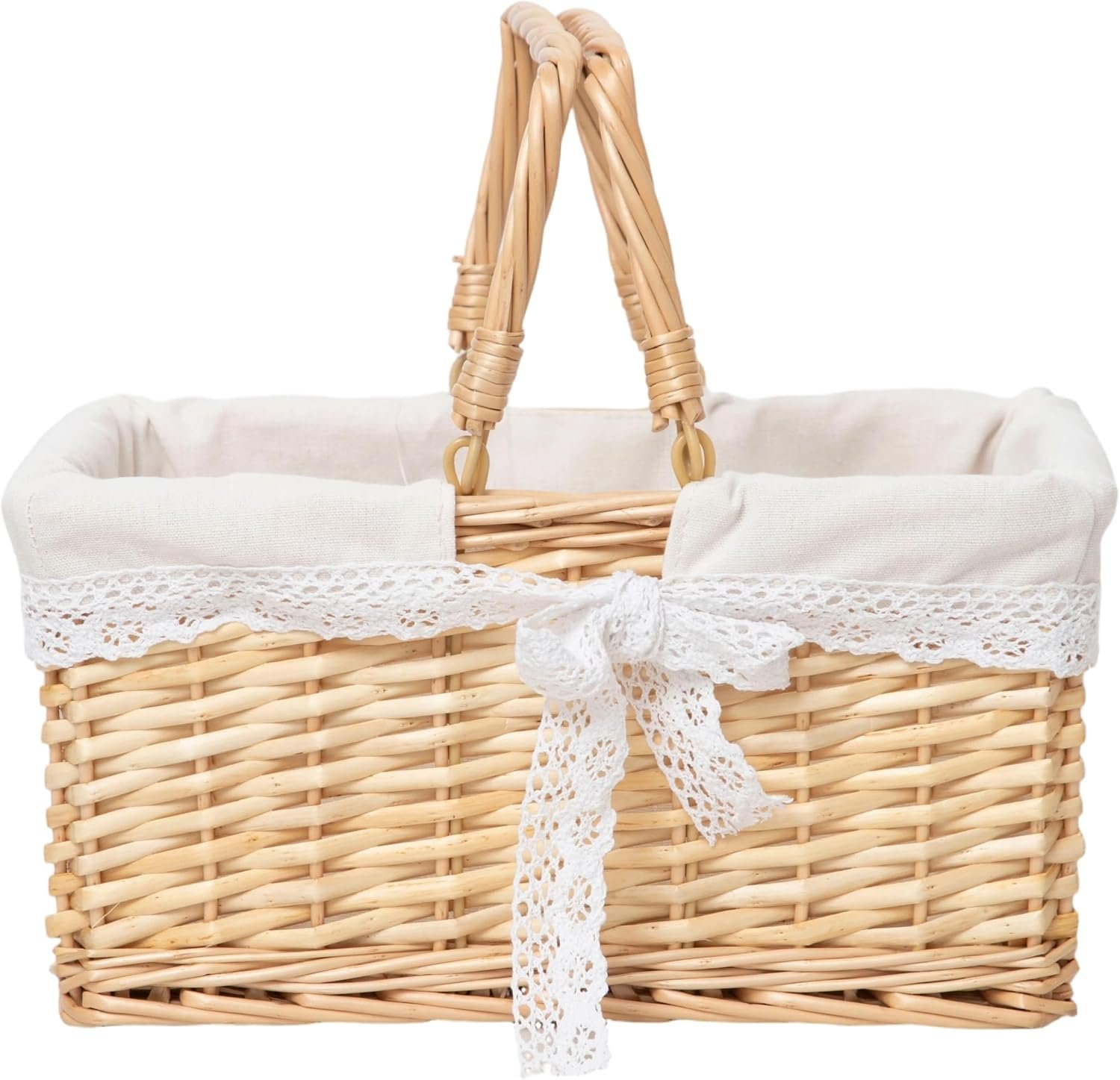 Handwoven Wicker Picnic Basket with Lace Lining, Natural Rattan Tote with Handles, Boho Basket for Outdoor Picnics, Bridal Showers, Weddings & Home Storage